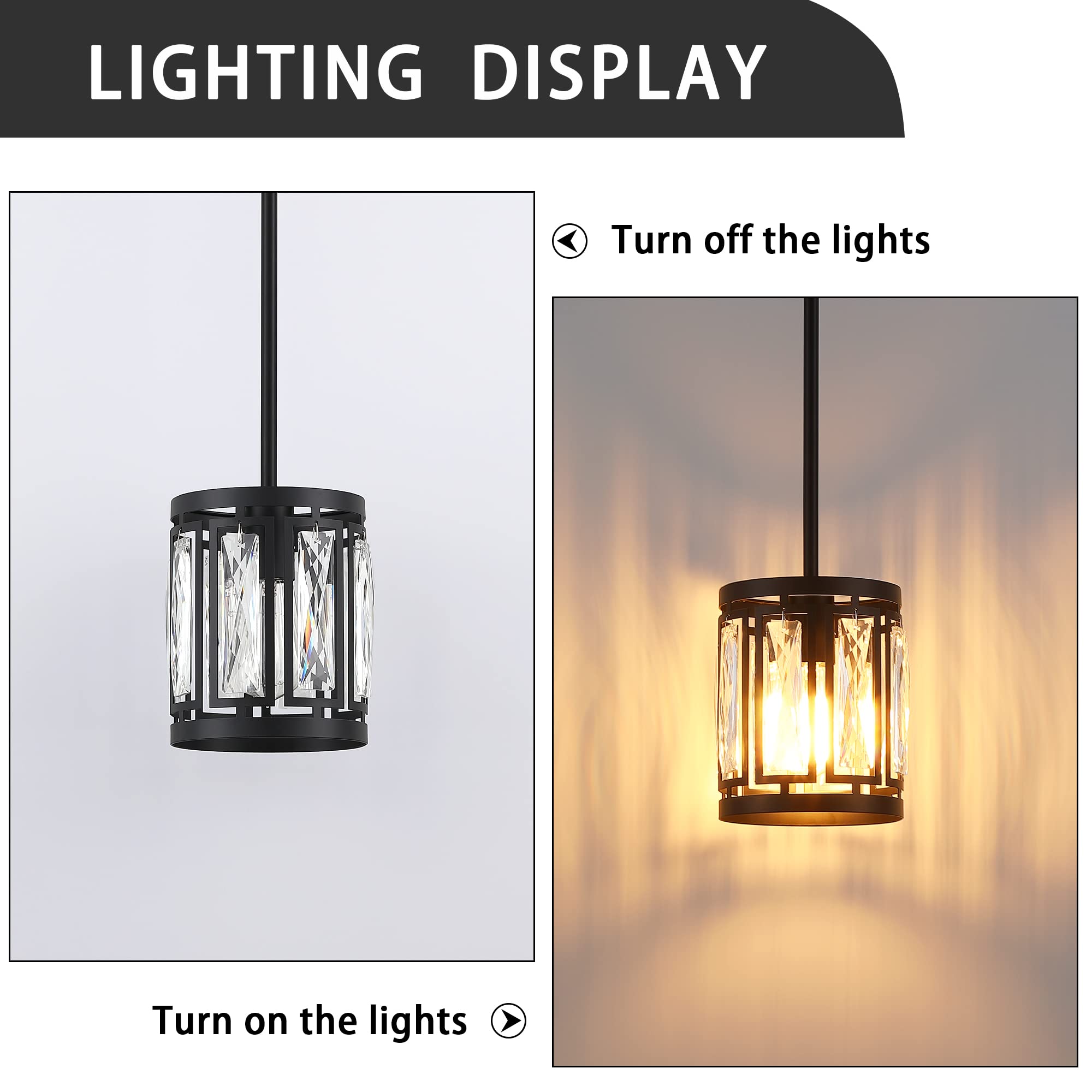 Crystal Pendant Lighting Fixture Matte Black Drum Shade Chandelier,3-Pack Pendant Lights For Kitchen Island Modern Ceiling Light