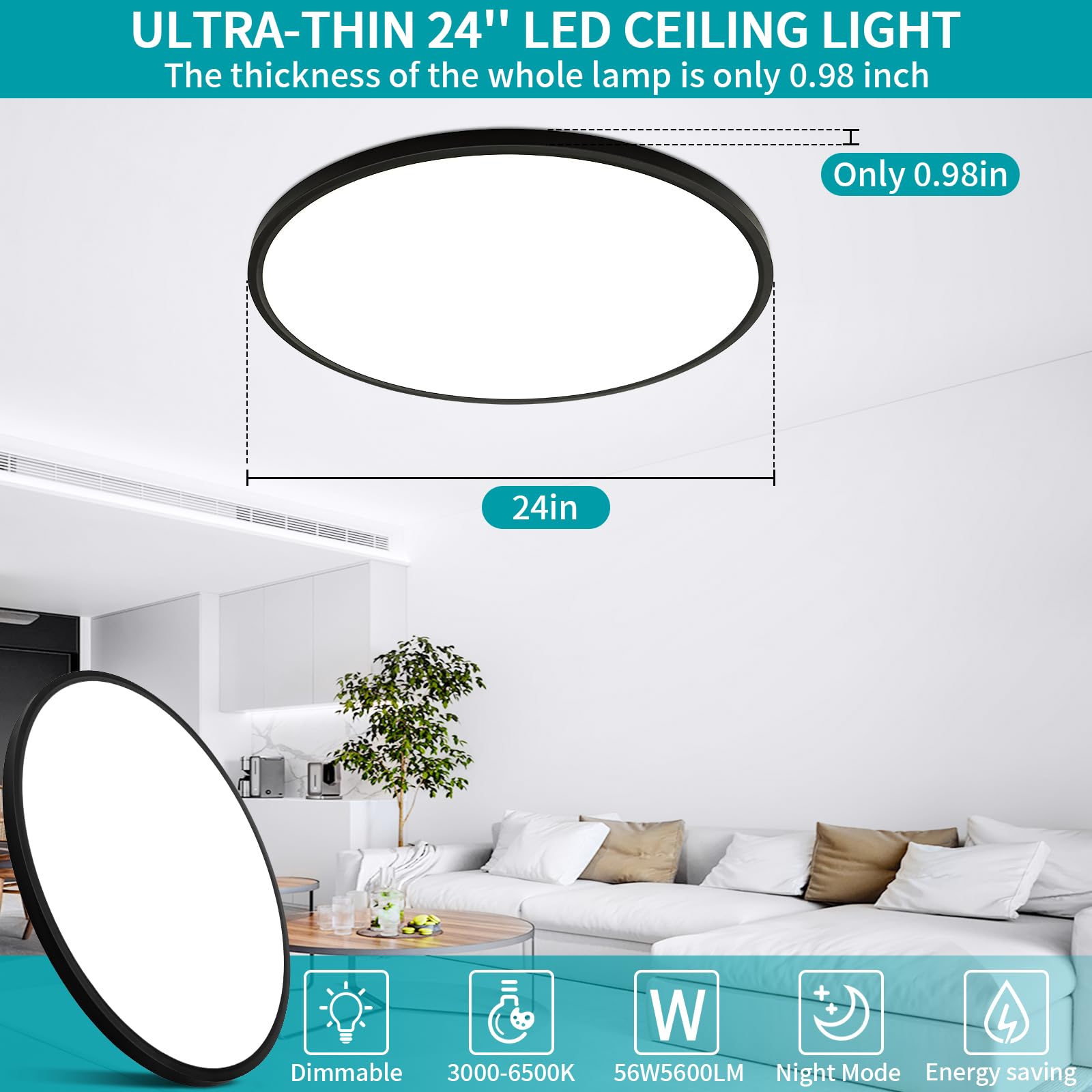 Glowall 24" LED Flush Mount Ceiling Light Fixture, Dimmable, 56W, 5600 Lumen, Ultra Thin, Black, Model V-LT0144