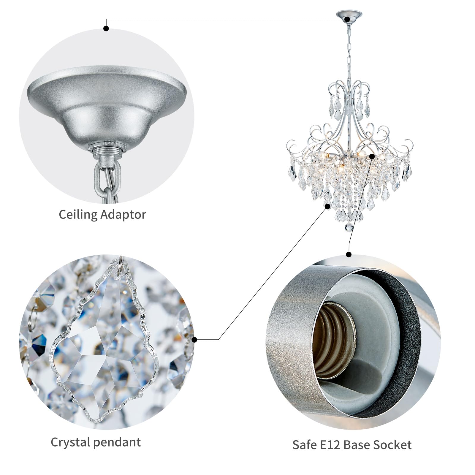 WUZUPS Crystal Chandelier Pendant Light 10-Light E12 Base 27.6inH x 22.8inW Silver, Model USHD30502S