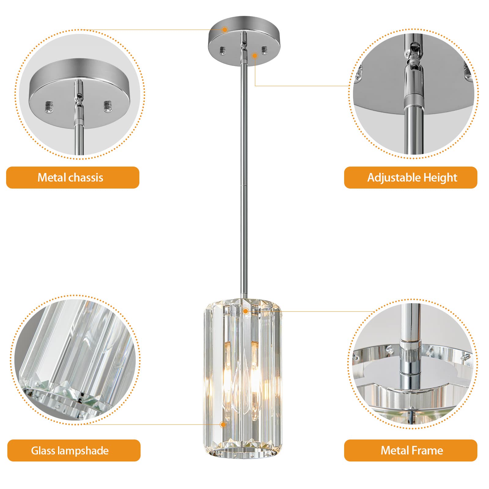 Zhllmq Chrome Pendant Lighting Modern Pendant Light Mini Crystal Chandeliers Adjustable Pendant Light Fixture For Kitchen Island Dinning Room Corridor Bedroom(Chorme 1-Light)