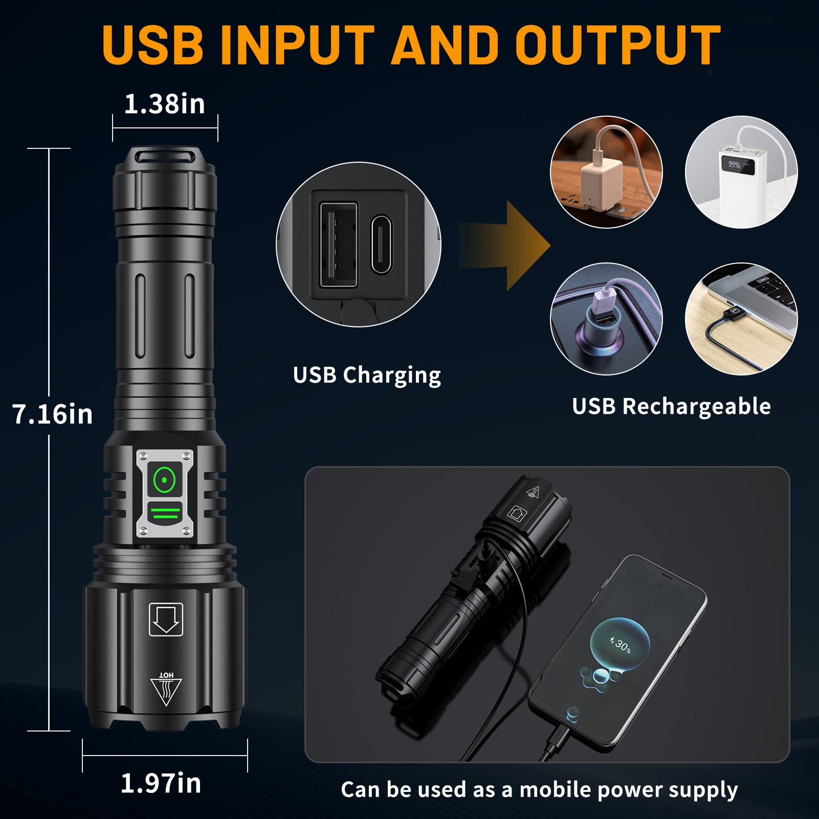 Baibian LED Super Bright Flashlight 4000 Lumens, Rechargeable, Waterproof, 6 Modes, Aluminum, Black, Model XHP160-01