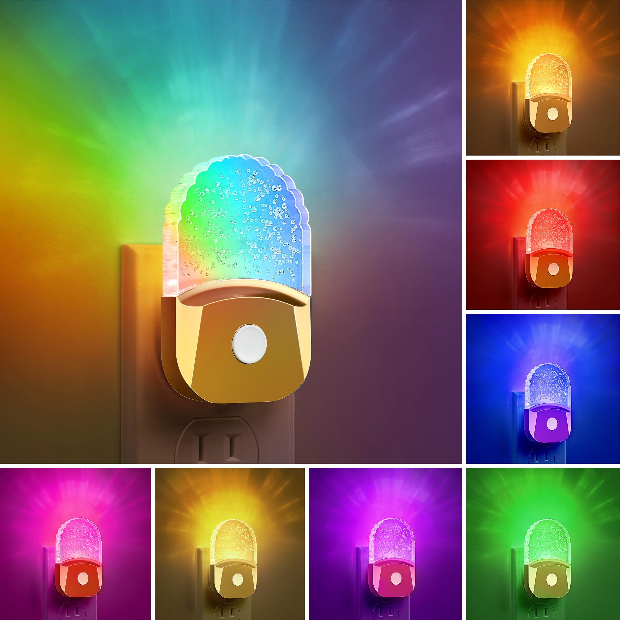 DORESshop RGB LED Night Lights, 2 Pack, Dusk to Dawn Sensor, Plastic, Golden Cover, Model D-GY019