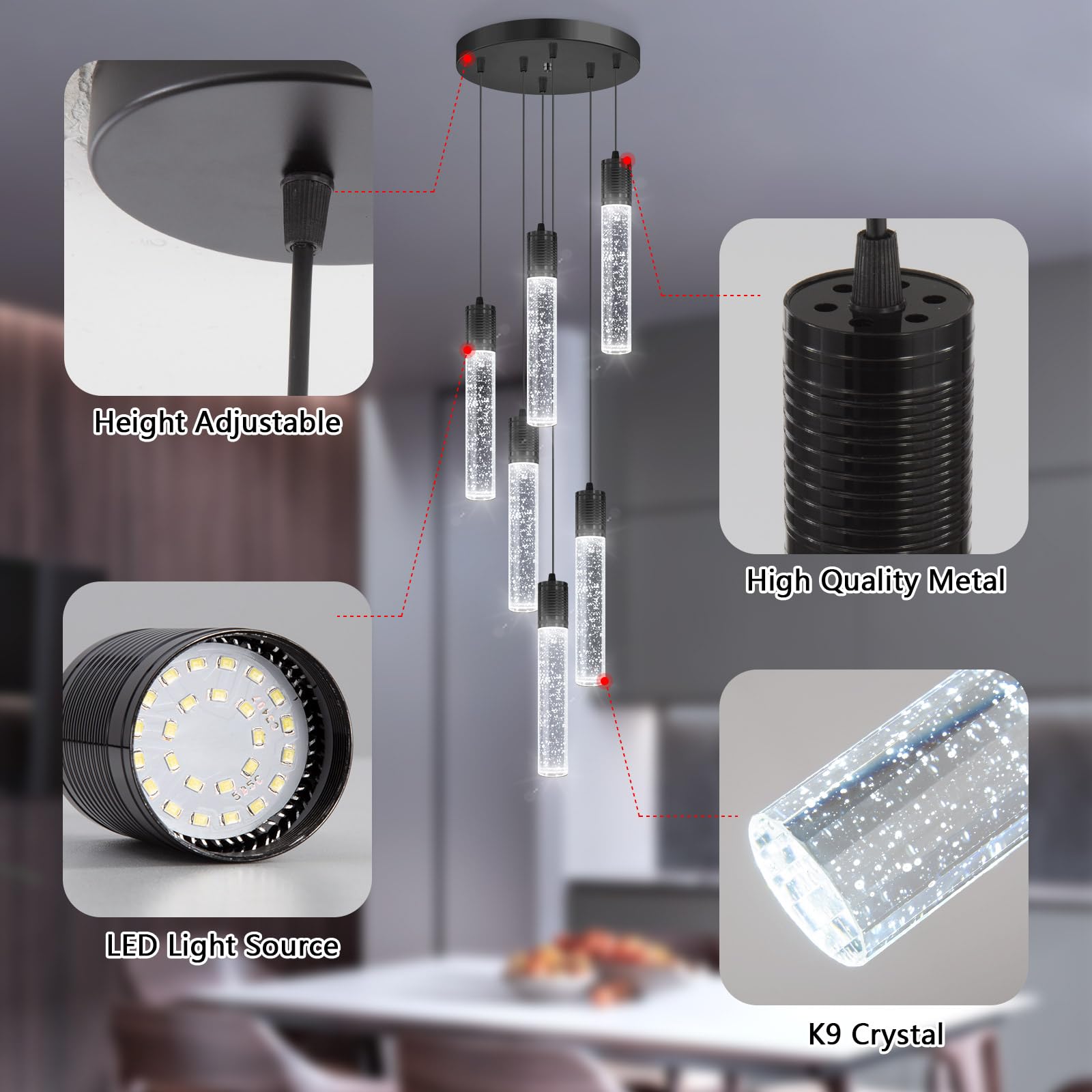 Modern Pendants Light For Kitchen Island Crystal Mini Chandeliers Dining Room Led Pendant Lighting Fixture High Ceiling Hanging Lights Bedroom Island Kitchen Foyer 6000K White Light Fixtures Black