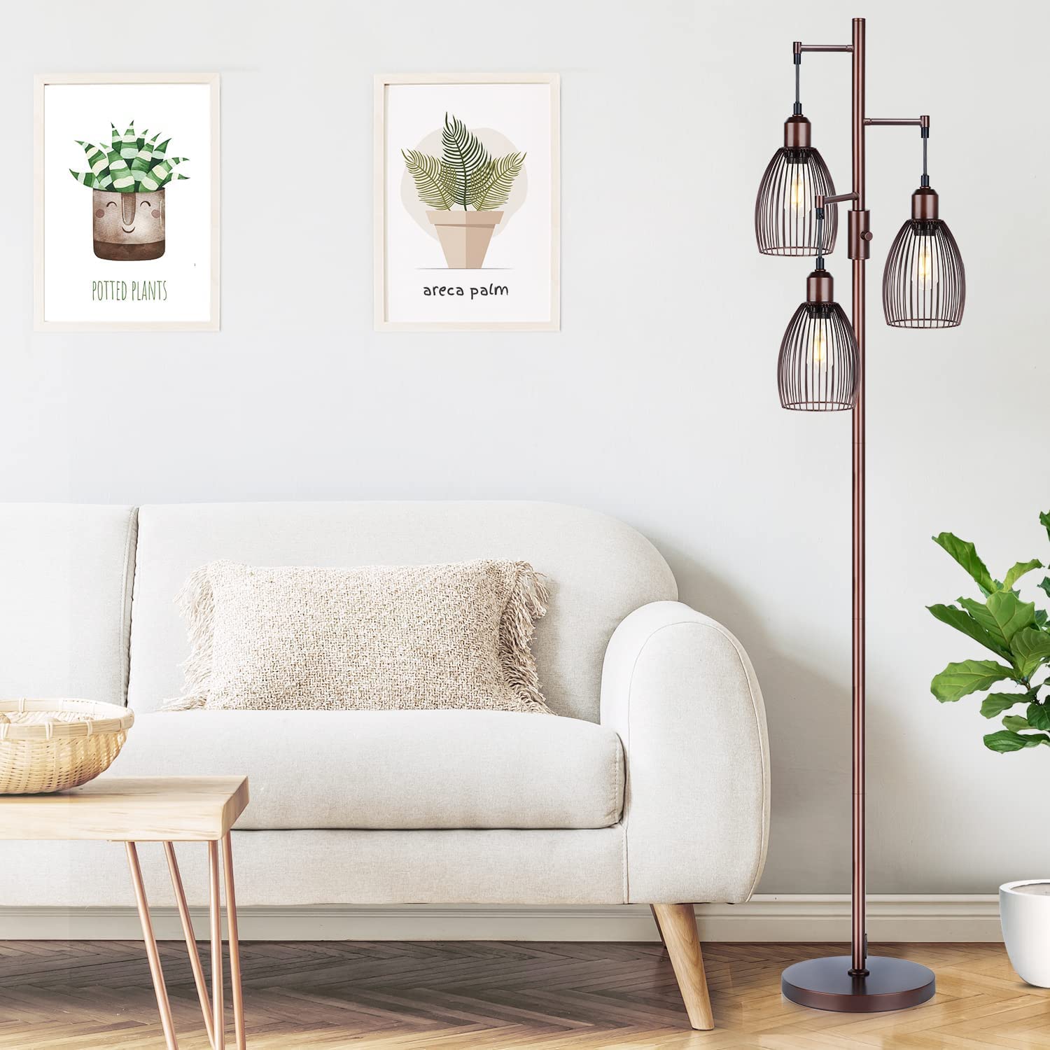 Dimmable Floor Lamp, 3 X 800Lm Led Edison Bulbs Included, Farmhouse Industrial Floor Lamp Standing Lamp With Elegant Teardrop Cage Head Tall Lamp For Living Room Bedroom Office Dining Room - Brown