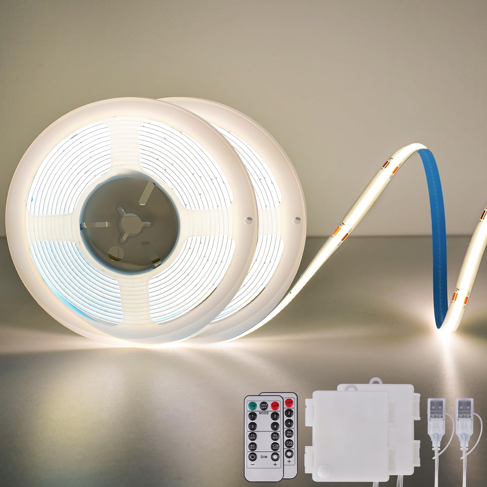 OMIKA COB LED Light Strip, 6.56FT, 640LED, 4000K Natural White, Battery Powered, Remote Control, 2 Pack