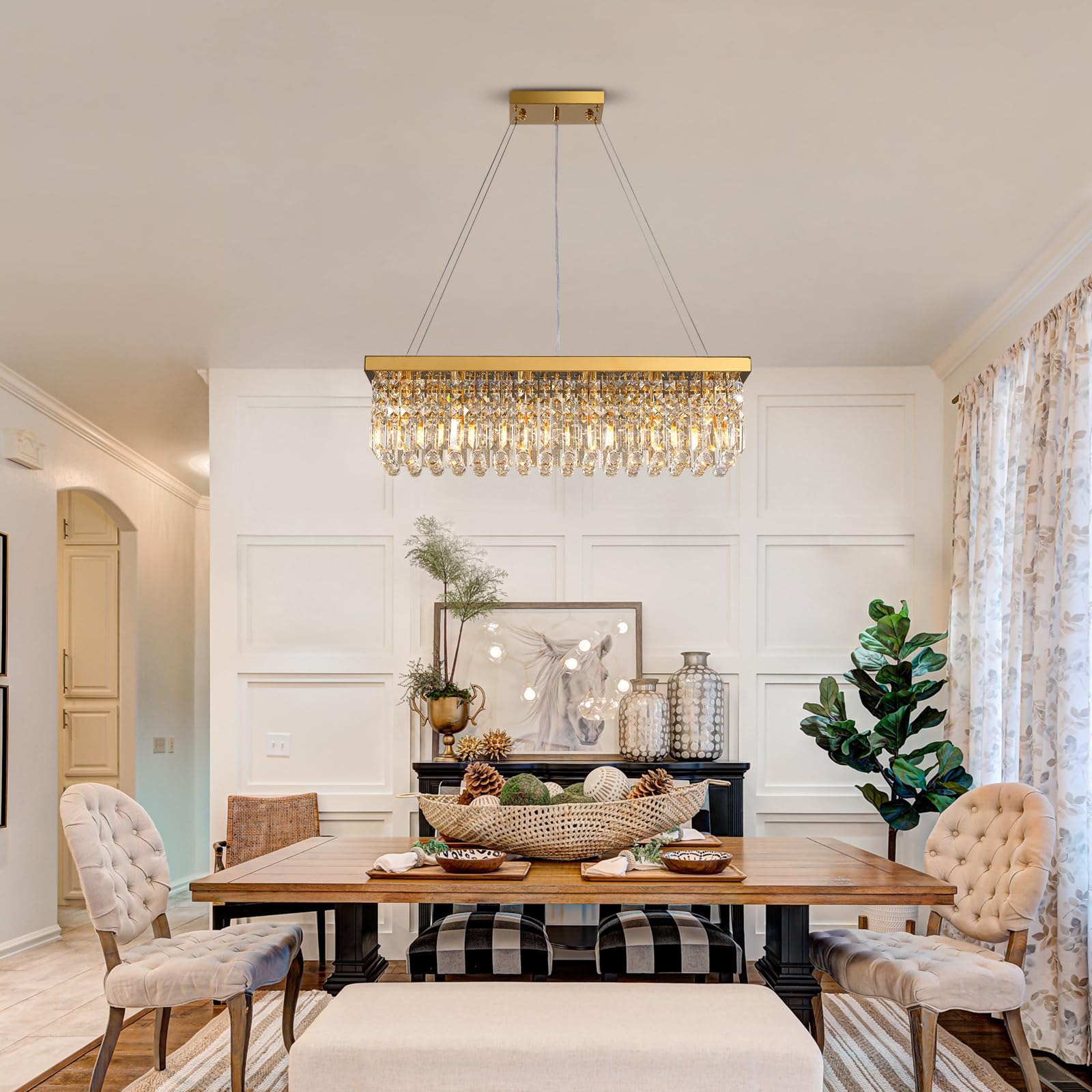 Siljoy 6-Light Crystal Chandelier, Gold K9 Raindrop, L31.5'' x W10'' x H10'', Adjustable Ceiling Pendant for Dining Room and Kitchen