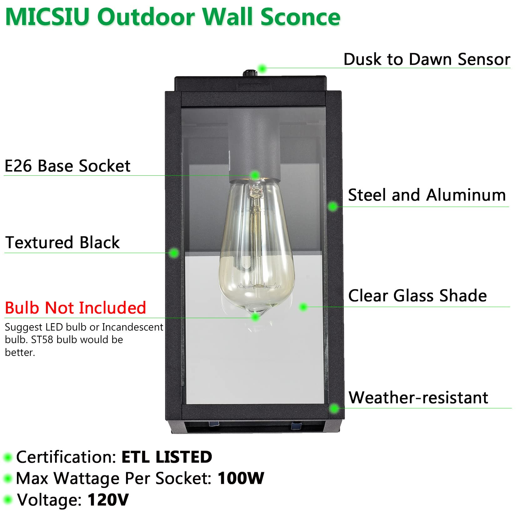 Micsiu Dusk To Dawn Outdoor Lighting With E26 Base Socket, 11 Inch Clear Glass Exterior Wall Sconce, Black Outside Lights For Ho