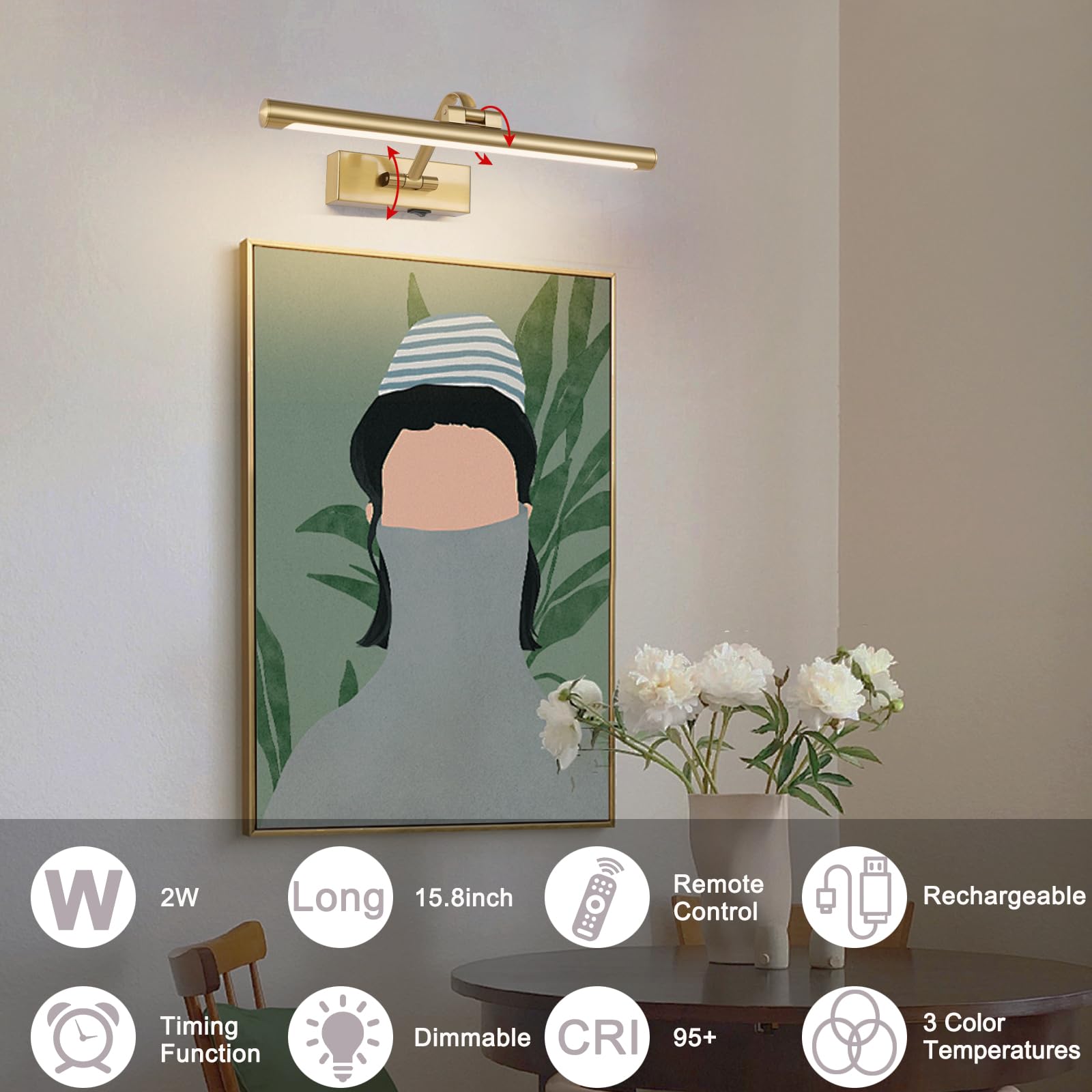 Wireless Picture Lights For Wall Battery Operated Brass Art Light For discomfort-reducingtings With Remote 3Cct Dimmable Potrait Lighting Rotatable Display Lighting 16 Rechargeable Wall Lamp For Frame Dartboard