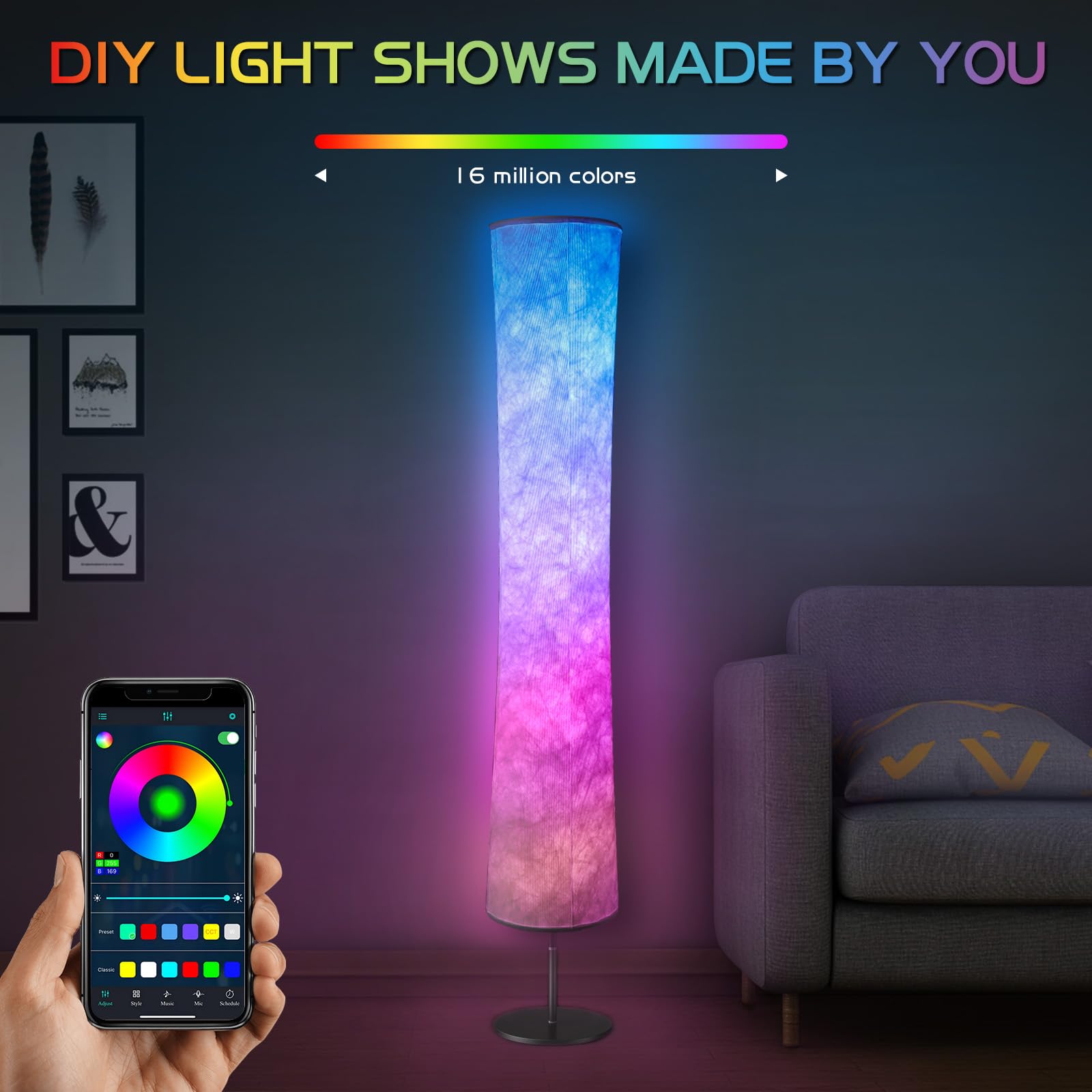 Torchlet RGB Color Changing Floor Lamp, Smart Alexa Control, Fabric Shade, Round Design for Living Room & Bedroom