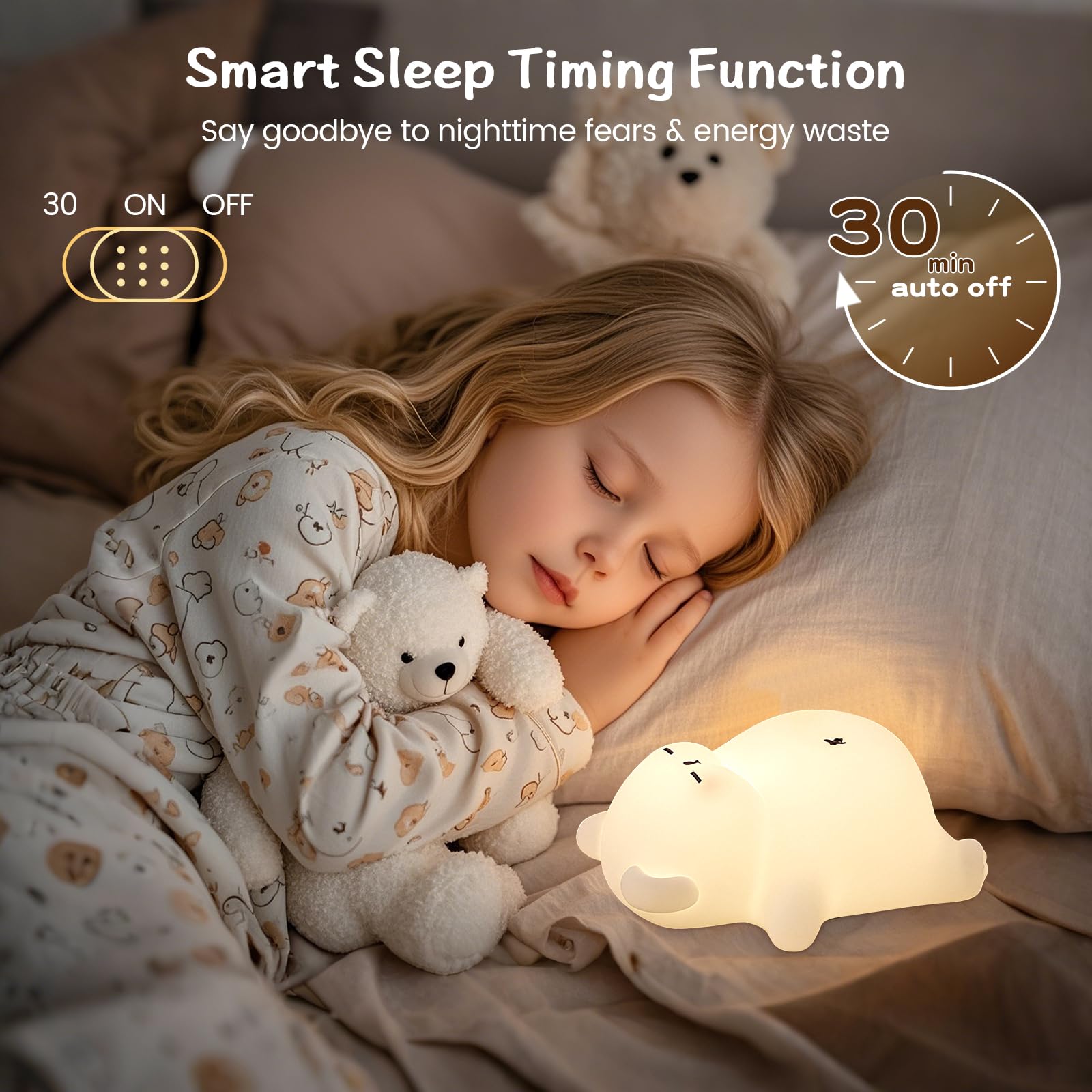 Snoring Bear Night Light - Adorable Gift for Kids, Babies, Moms & Seniors - Soft Silicone Sleep Lamp with Sound, 3 Brightness Le