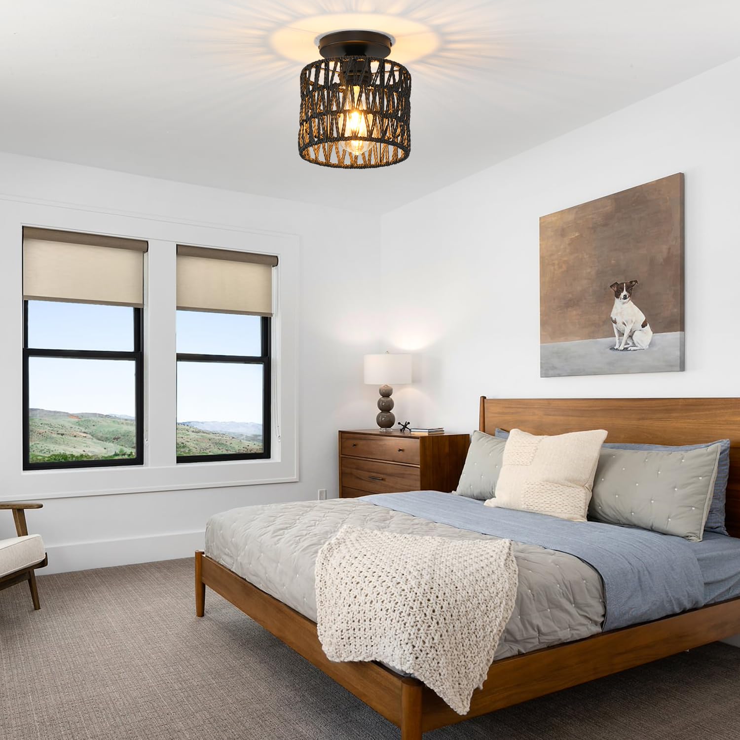 KENMI Ceiling Light Fixture, Hand-Woven Rattan Flush Mount, 2 Pack Black, Metal, Model C1, Farmhouse Boho Style for Living Room, Hallway, Kitchen