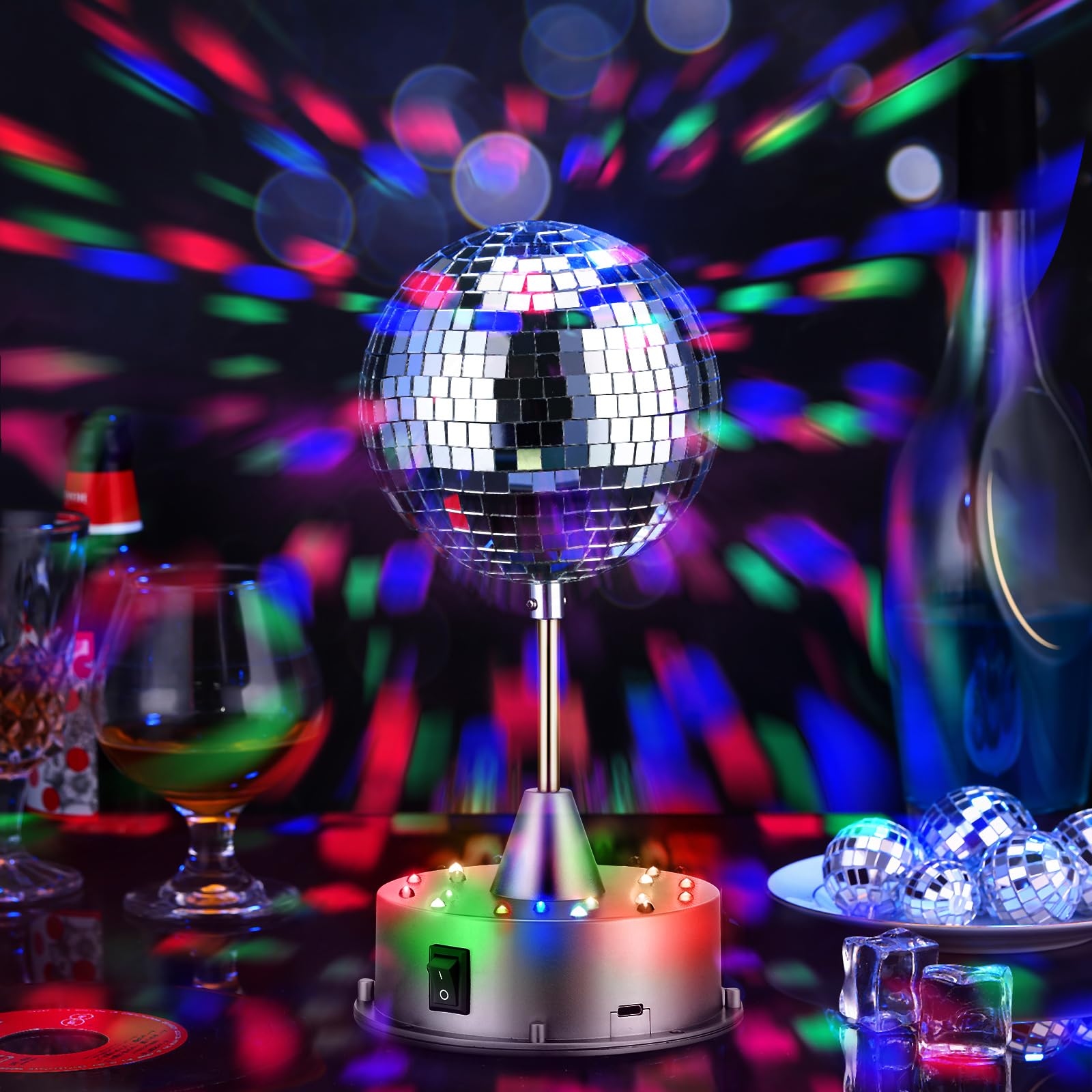 Retisee Christmas Disco Ball Light - 5" Mirror Ball, Rotating 90s Party Decor, 3 Light Colors, Silver, Model TOU-Retisee-1869