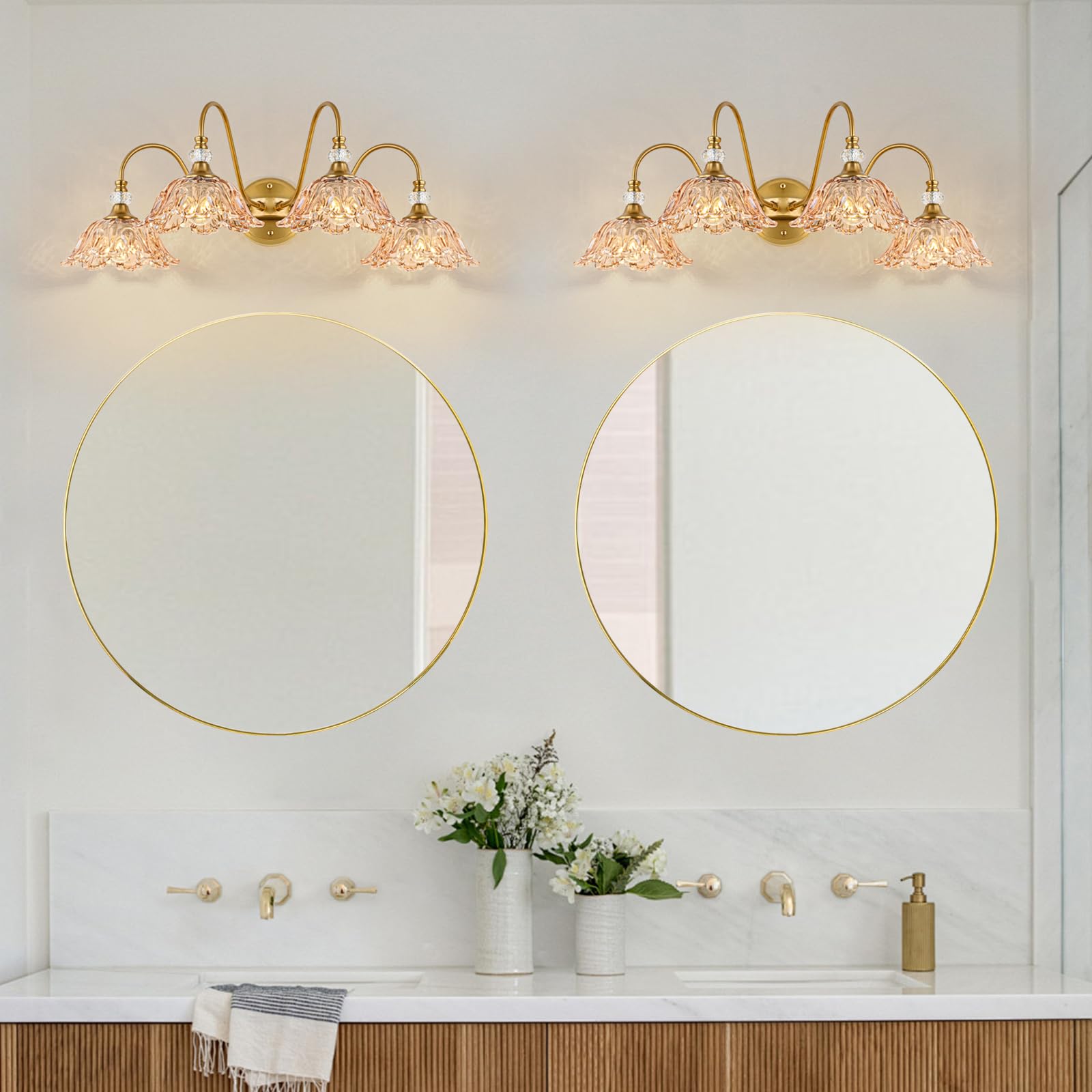 Sunkryster Vintage Bathroom Vanity Light  4-Light Matte Brass Finish Vanity Light With Floral Amber Glass Shades  Retro Wall Mount Lighting For Bathroom  Dressing Table