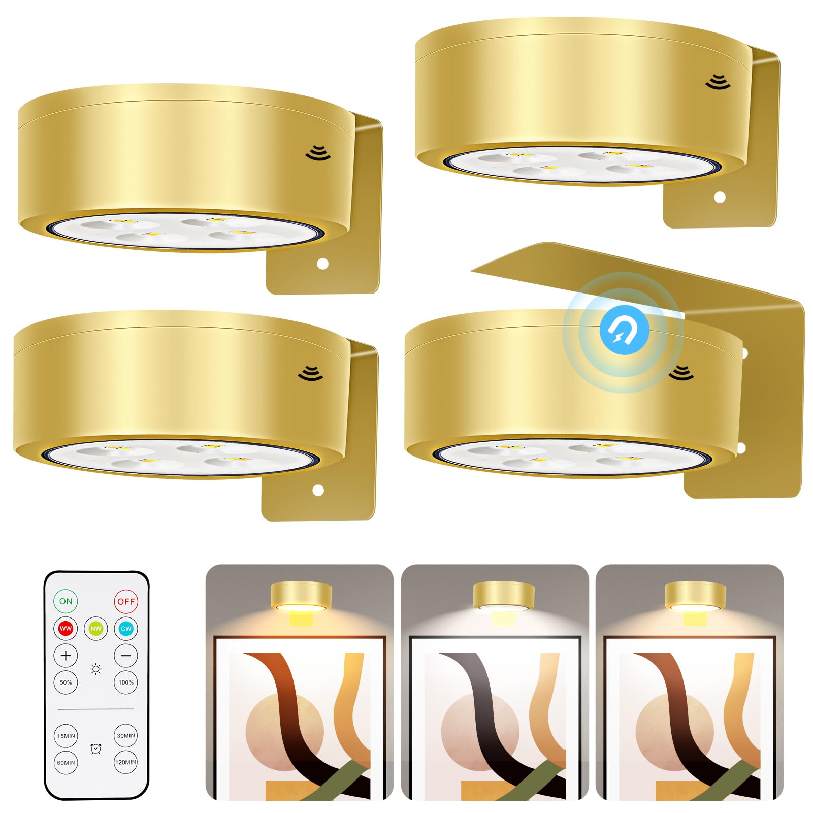 Ttq 4Pcs Magnetic Picture Lights Batteries Operated Painting Light With Telecontrol And Dimmable Timer,Gold Art Display Light Wireless Walls Decor Puck Lights For Picture Frame Artworking Portraits