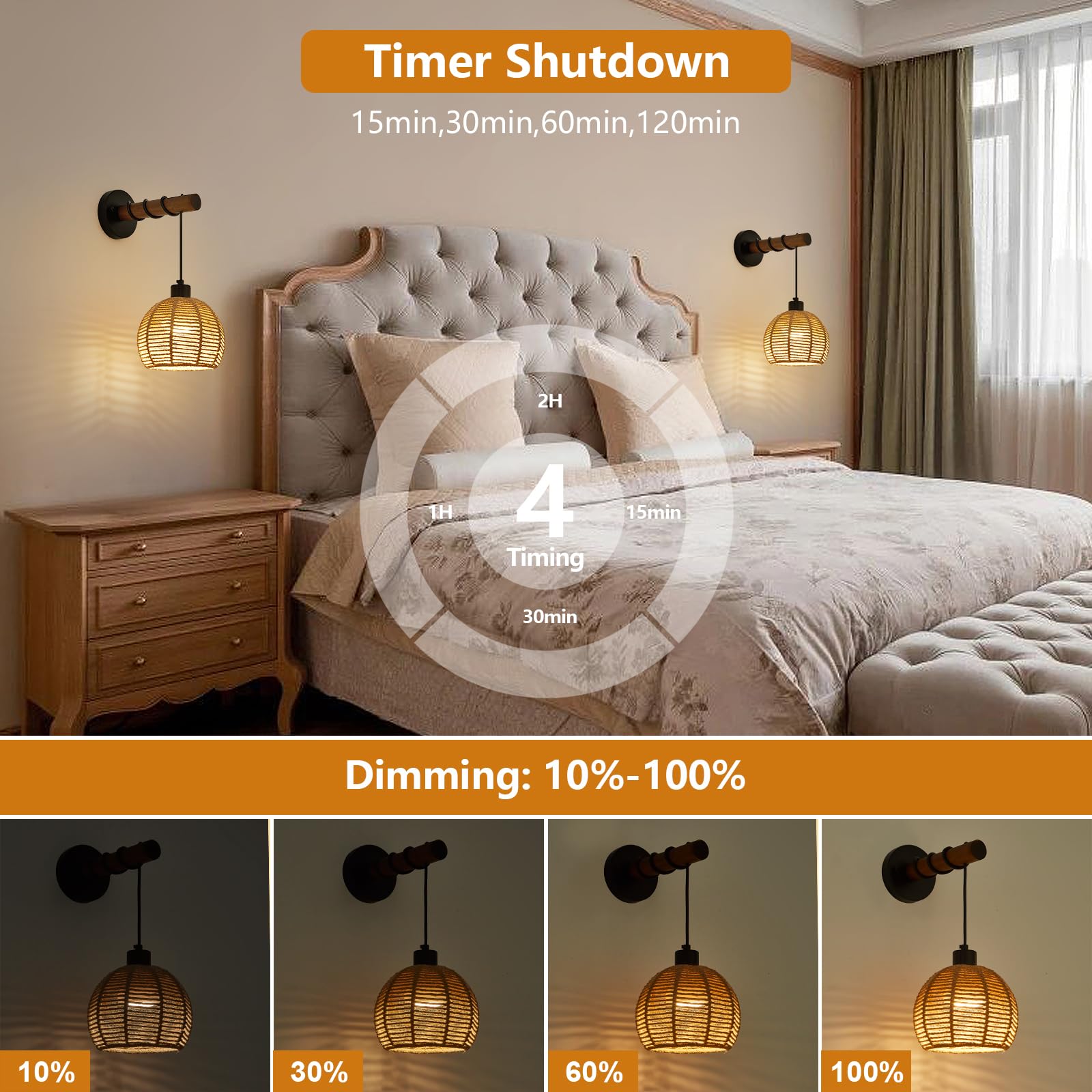 SGLfarmty Battery Operated Wall Sconces, Set of 2, Dimmable Hemp Rope & Wooden Arm, Remote Control, Rechargeable, Farmhouse Style