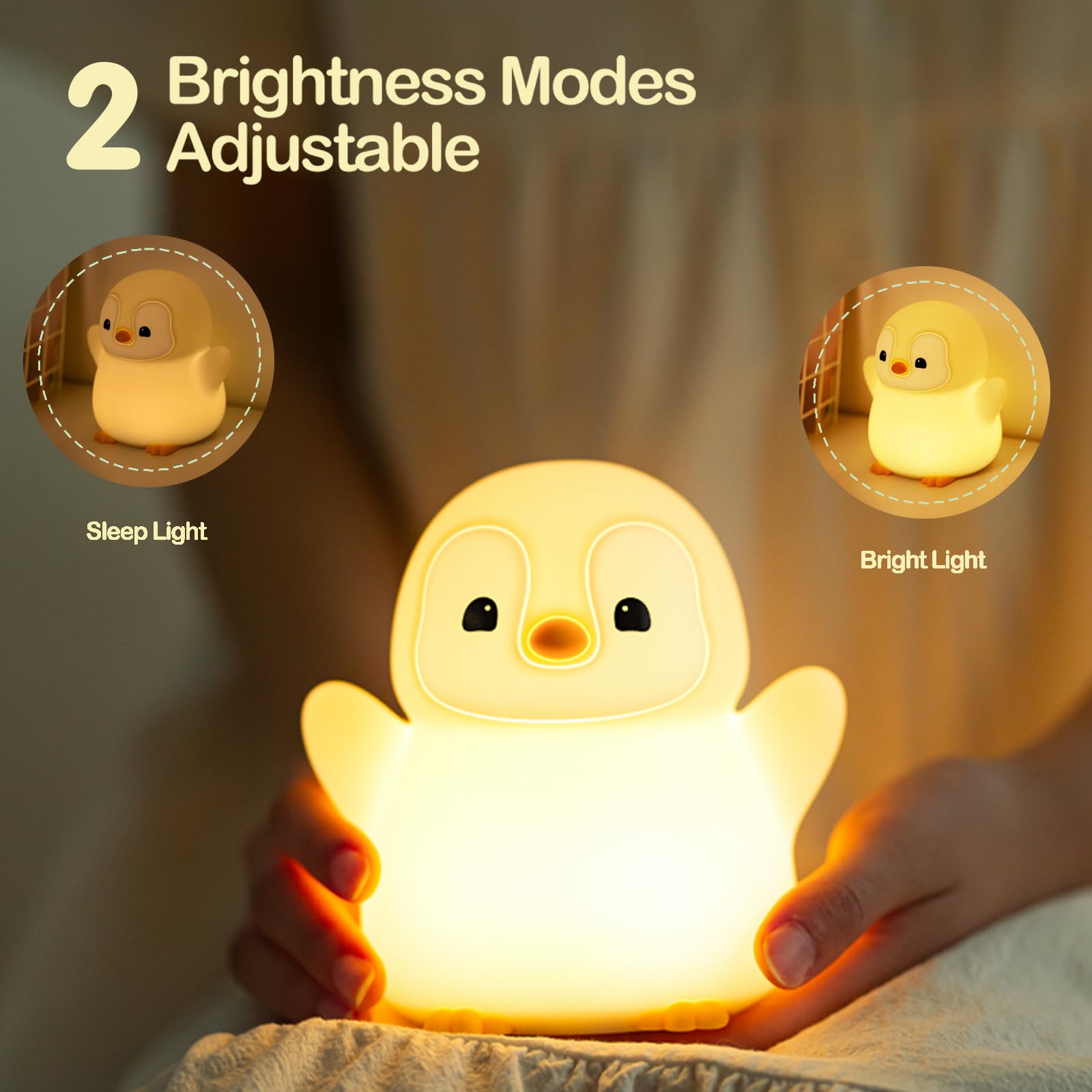 ATSUI Happy Penguin Night Light, LED Squishy Lamp, 4.65x3.69x4.67in, Gray, Model DS-PG-01, Nursery Decor, Dimmable