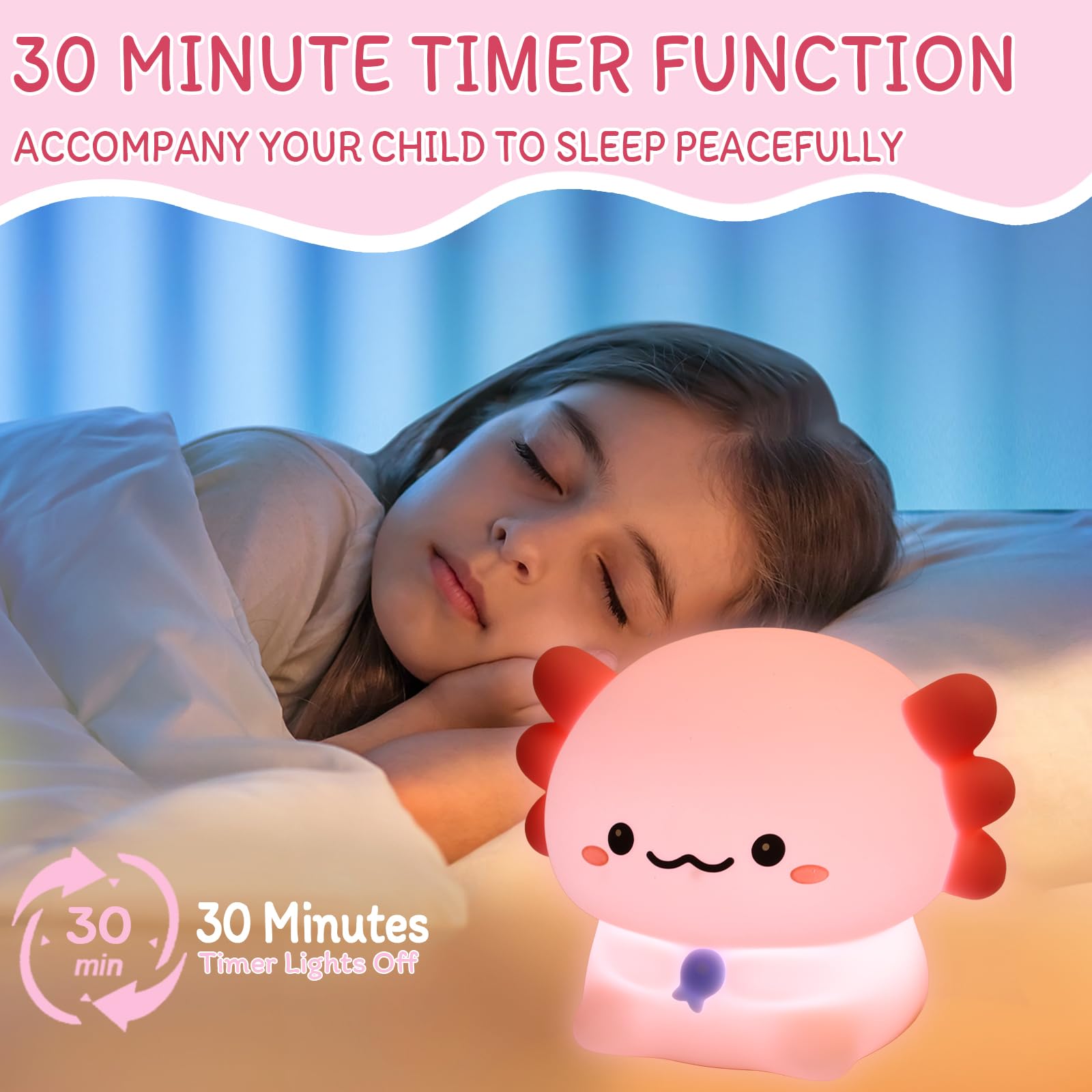 MAGOHMT Axolotl Night Light for Kids - 3-Level Dimmer & Auto-Off Timer, Child-Safe Silicone Lamp, USB-C Rechargeable Nursery Lig
