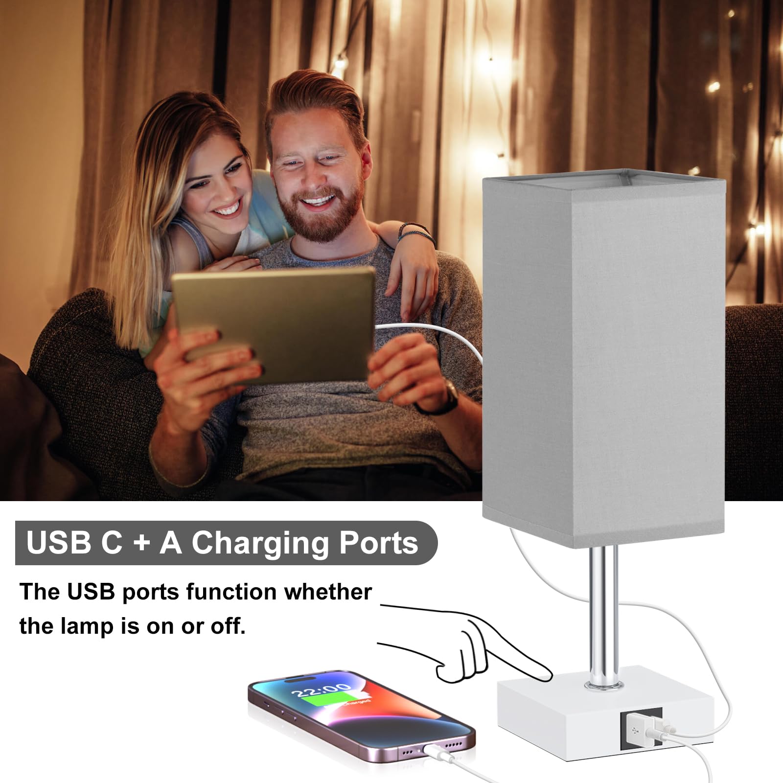 Ambimall Touch Control Table Lamp - USB A+C Charging Ports, LED Bulb Included, Grey Shade, Model RPT-1103
