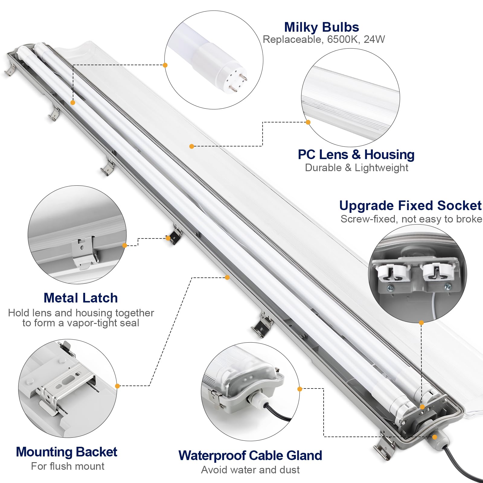 BRILLIHOOD 4Ft LED Vapor Tight Light Fixtures, 48W, IP65 Waterproof, 4200LM, White, 4-Pack