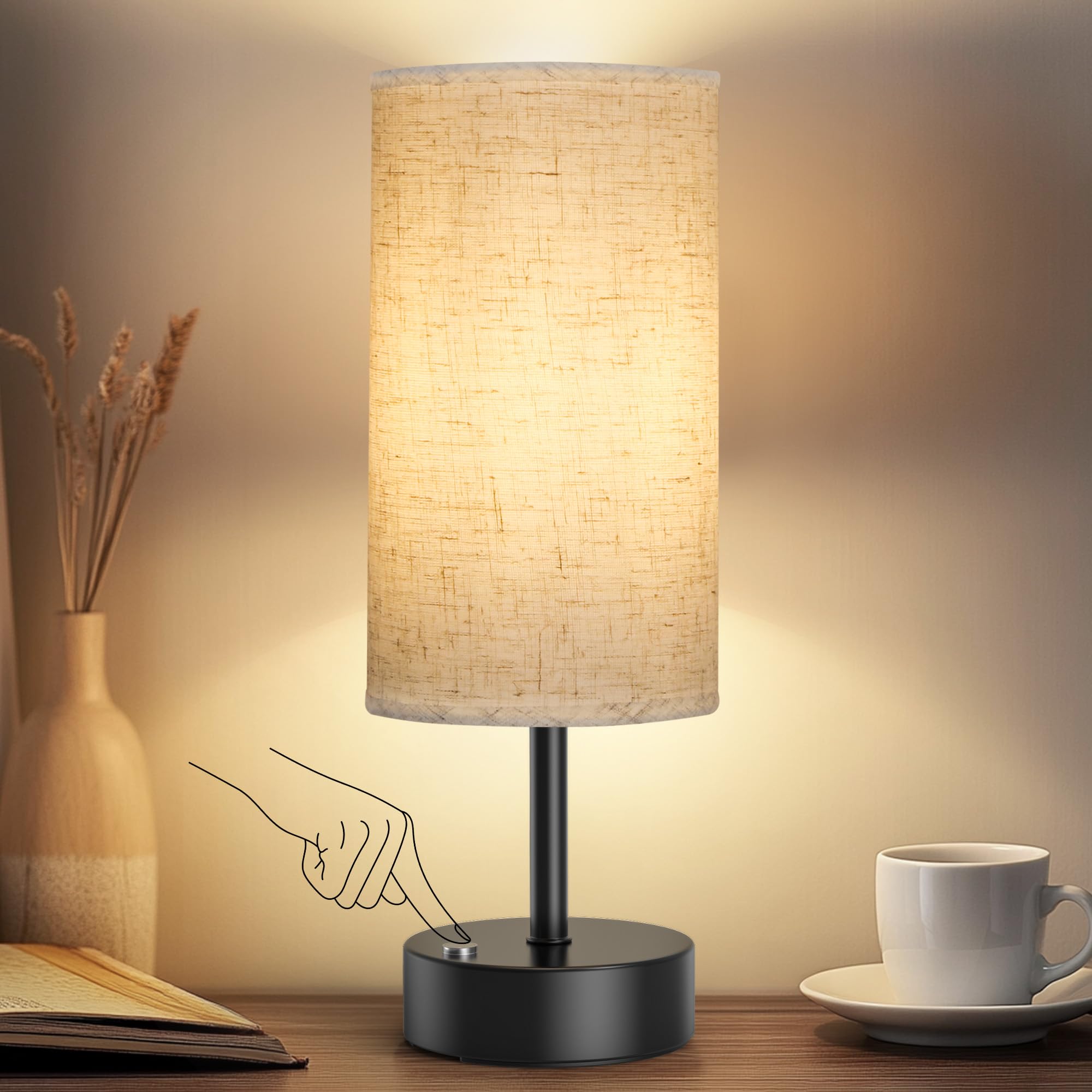 ROTTOGOON 3-Color Temperature Bedside Lamp Nightstand Lamp with USB Port and AC Outlet, Table Lamp for Bedroom with LED Bulb Sma