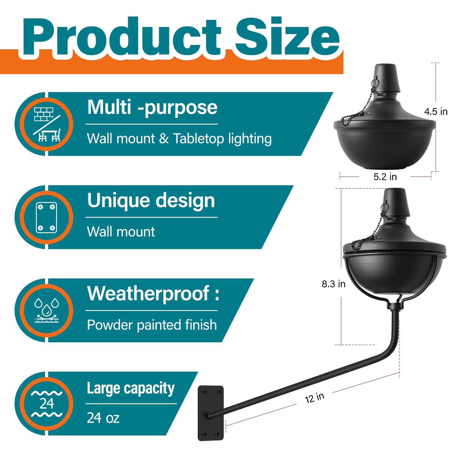 Fan-Torches Wall Mounted Citronella Torches Set Of 6, 24 Oz Garden Torches For Outside, Refillable Flame Light Torch, Outdoor Me