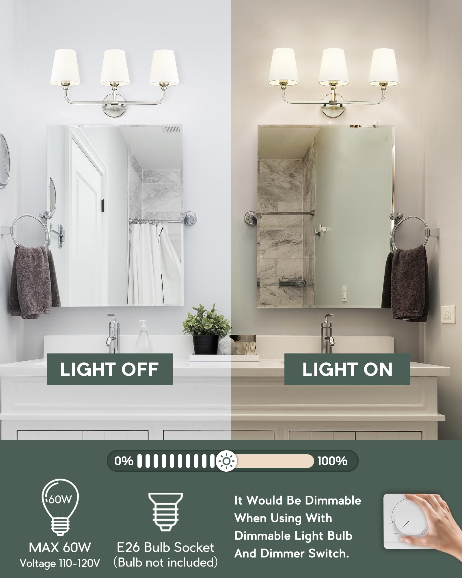 Metwet Bathroom Light Fixtures, Brushed Nickel Vanity Lights With Flared White Fabric Shade, 3 Light Wall Sconce, Modern Sconces