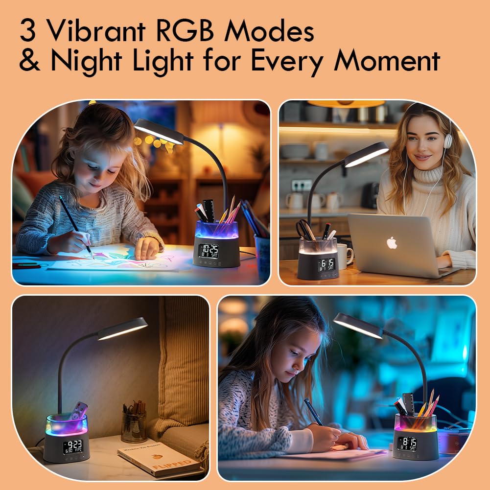 Wilit Led Desk Lamp For College Dorm Room Essentials, Students Study Lamp With Charging Station, Pen Holder, Clock & Rgb Night L