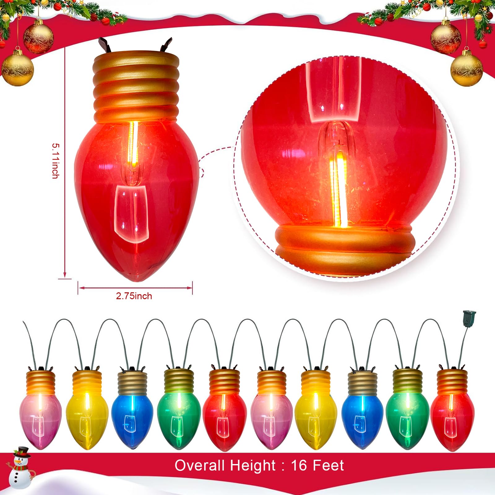 16Ft Jumbo Led Multicolor Christmas String Lights Outdoor With 10 C7 Clear Jumbo Multicolor Bulb, Connectable Hanging Christmas