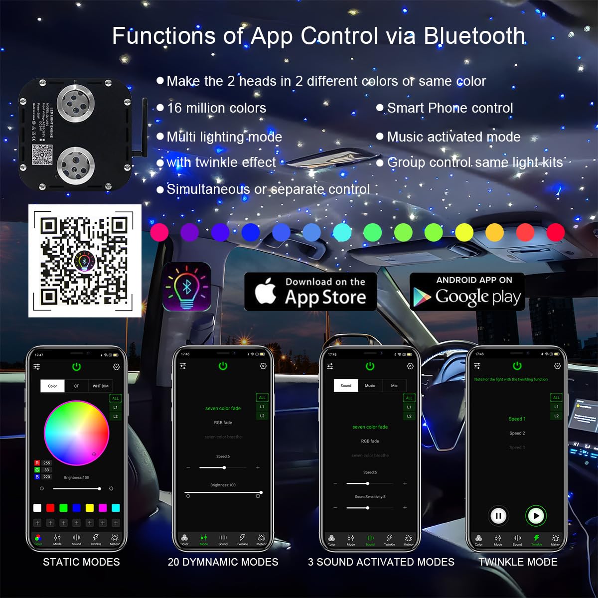 Akepo 50W Dual-Head Dual-Color Twinkle Fiber Optic Light Engine  Twinkle+Same Or Different Color+Bluetooth App Control+Music Activated+28-Key Remote For Home Fiber Optic Star Ceiling Kit