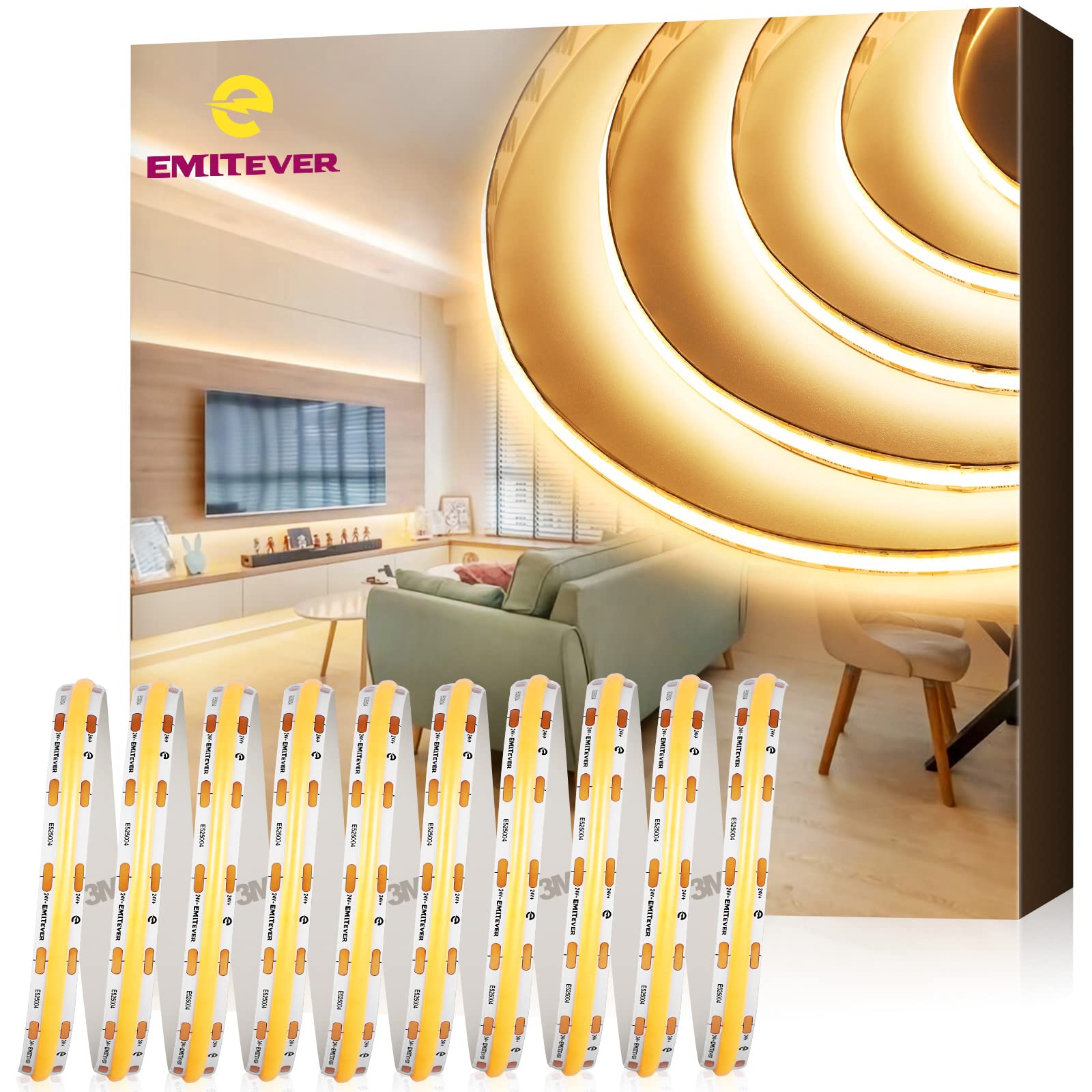 Emitever Cob Led Strip Lights Warm White 32.8Ft, 3000K 24V Dimmable Tape Light Premium High Density, 305Lm+/Ft, 3600Leds, Ra 90+