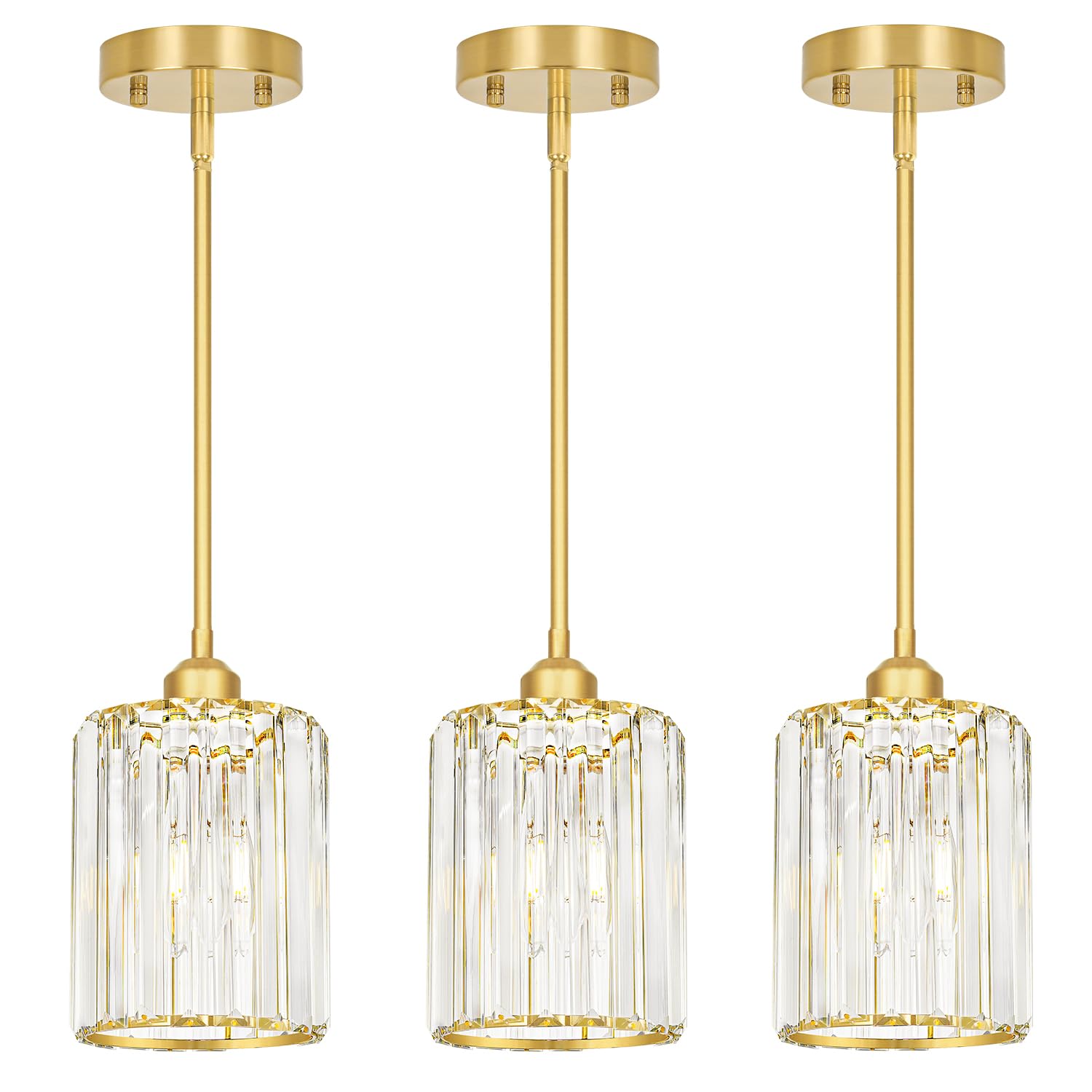 Lxybcce Gold Kitchen Pendant Lights Over Island With Adjustable Rods - Crystal Pendant Lighting Fixtures 3 Pack  Ideal Over Dining Table Or Bar  E26 Bulb Compatible  No Electrician Needed