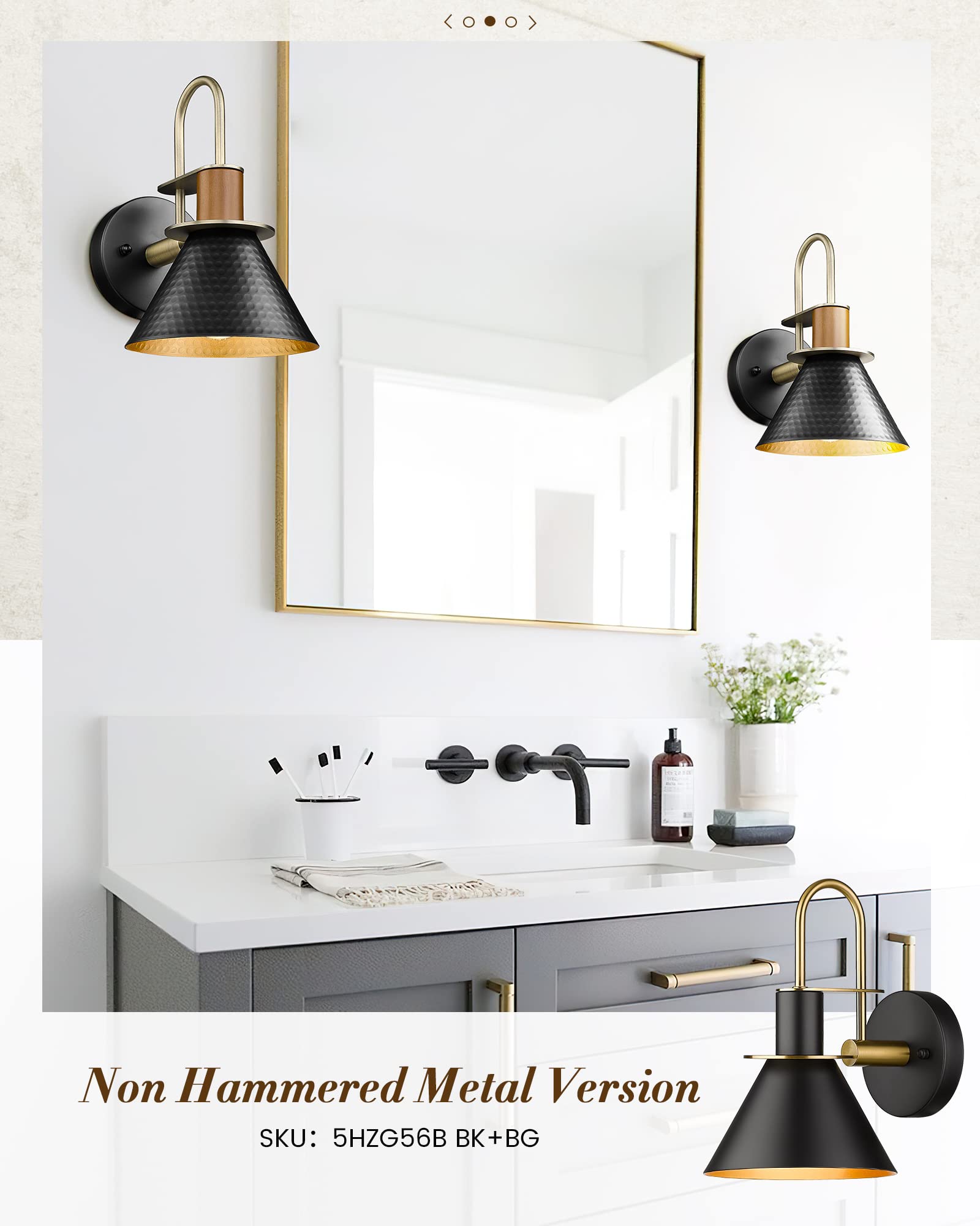 Hwh Modern Wall Sconces Set Of 2, Industrial Gooseneck Lighting, Hammered Metal, Black & Gold