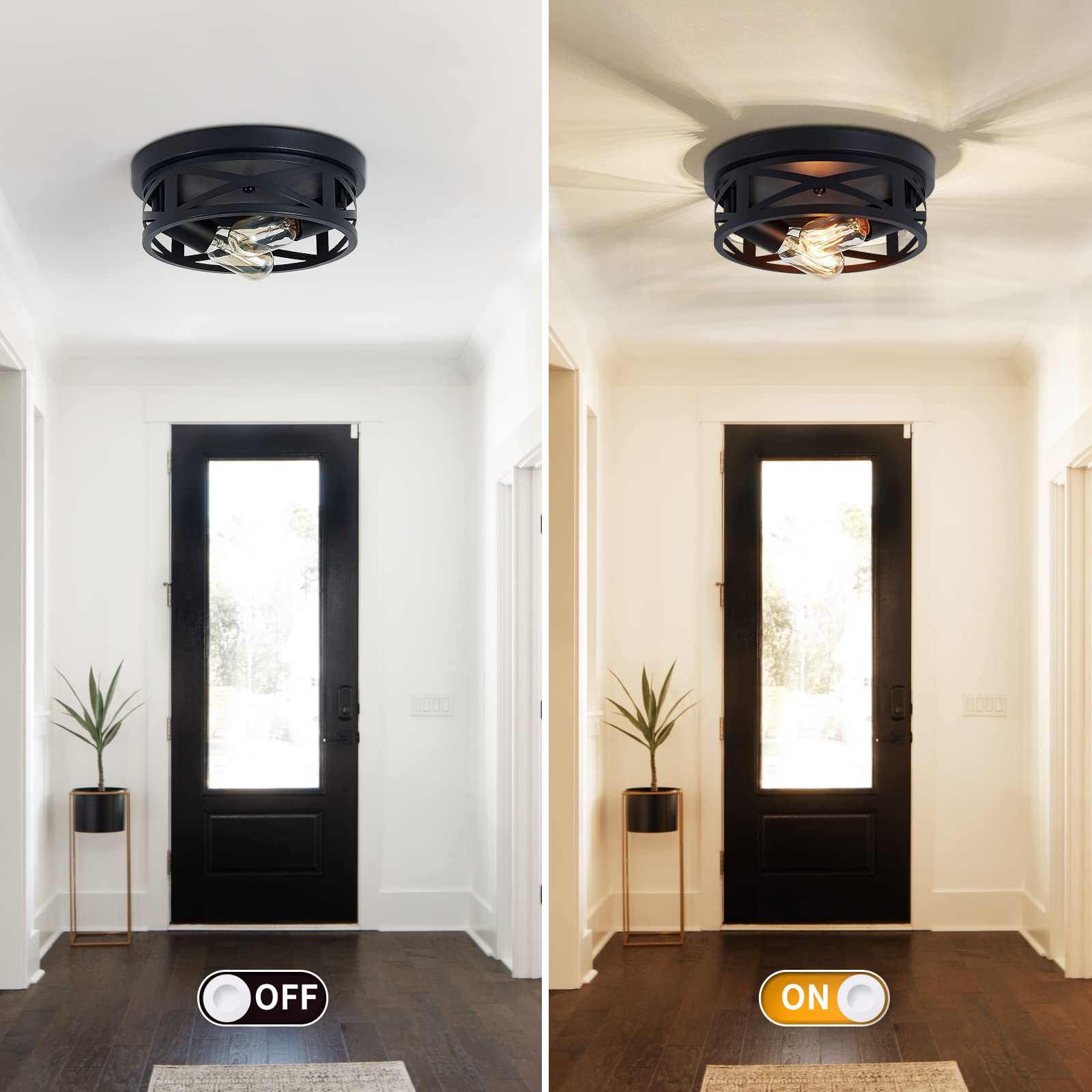 Zhu Yan 2 Pack Black Flush Mount Ceiling Light,Industrial Farmhouse Metal Cage Black Light Fixtures Ceiling Mount For Kitchen En