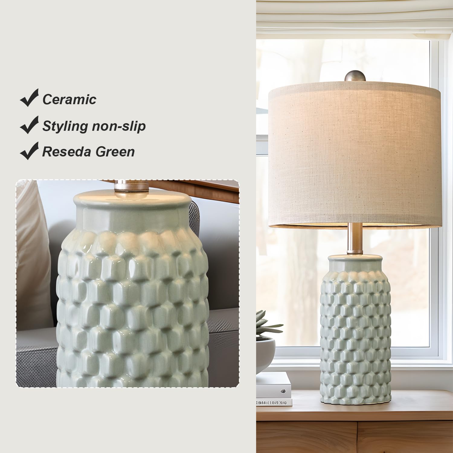 Usumkky 20.5 Inches Modern Ceramic Green Bedside Lamp Set Of 2 For Bedroom Decor Farmhouse Table Lamp For Living Room Office Dor