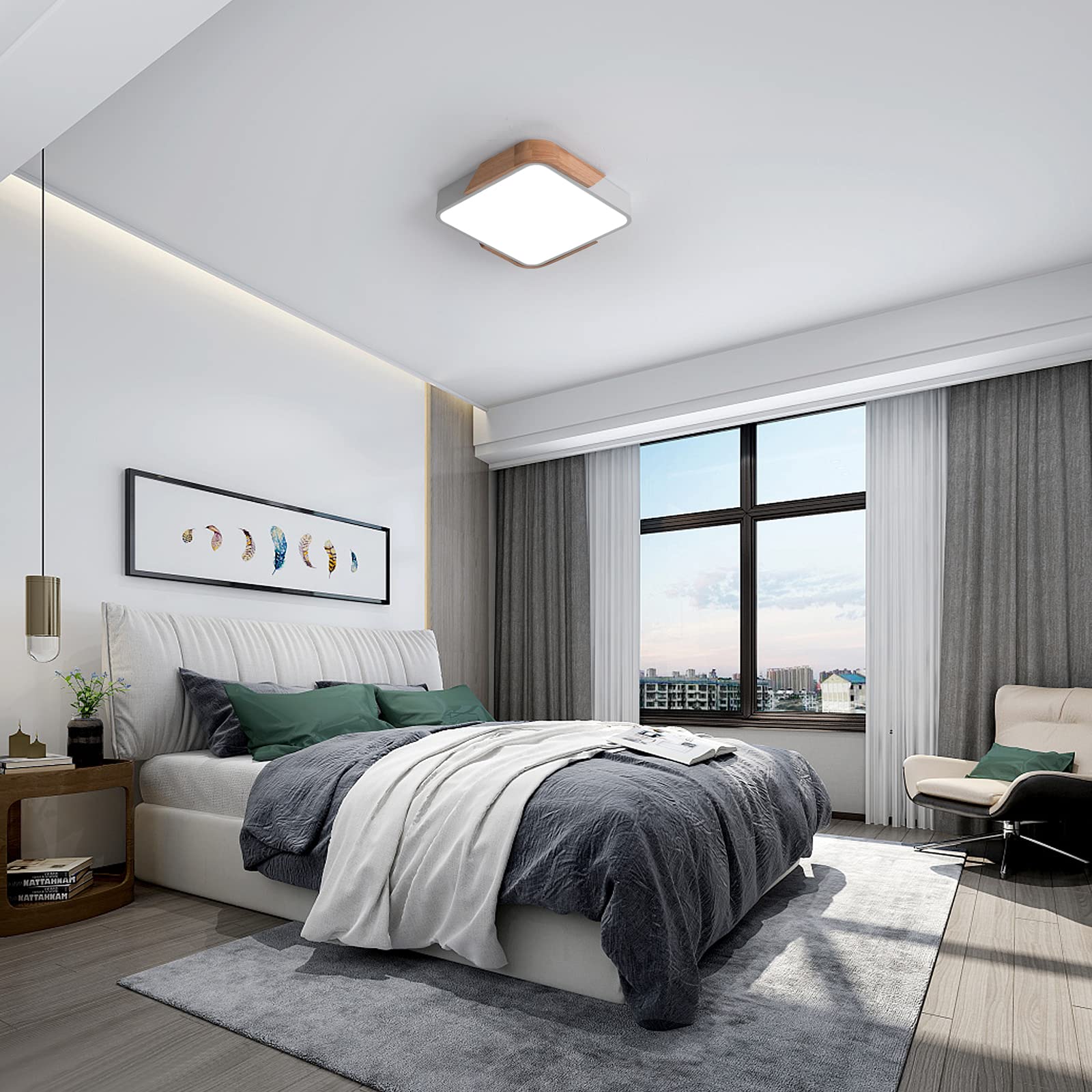 LuFun Ceiling Light Fixture, 24W LED Flush Mount, 12 Inch, Wood, Cool White 6500K, Model AMZ0042