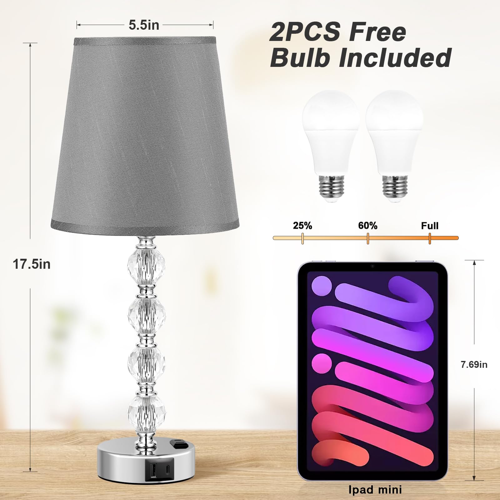 Acaxin Bedside Lamps For Bedrooms Set Of 2 Nightstand - Large Crystal Table Lamps With Usb C Charging Ports And Ac Outlet, 3 Way
