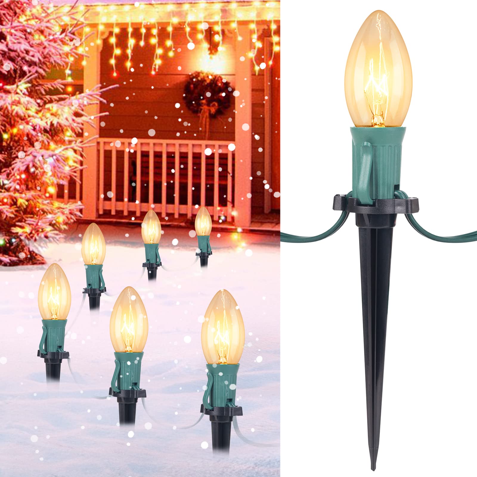 Brightown C9 Christmas Pathway String Lights Outdoor - 4 Pack Total 102.8 FT 80 Clear Lights with 80 Stakes, Connectable Waterpr