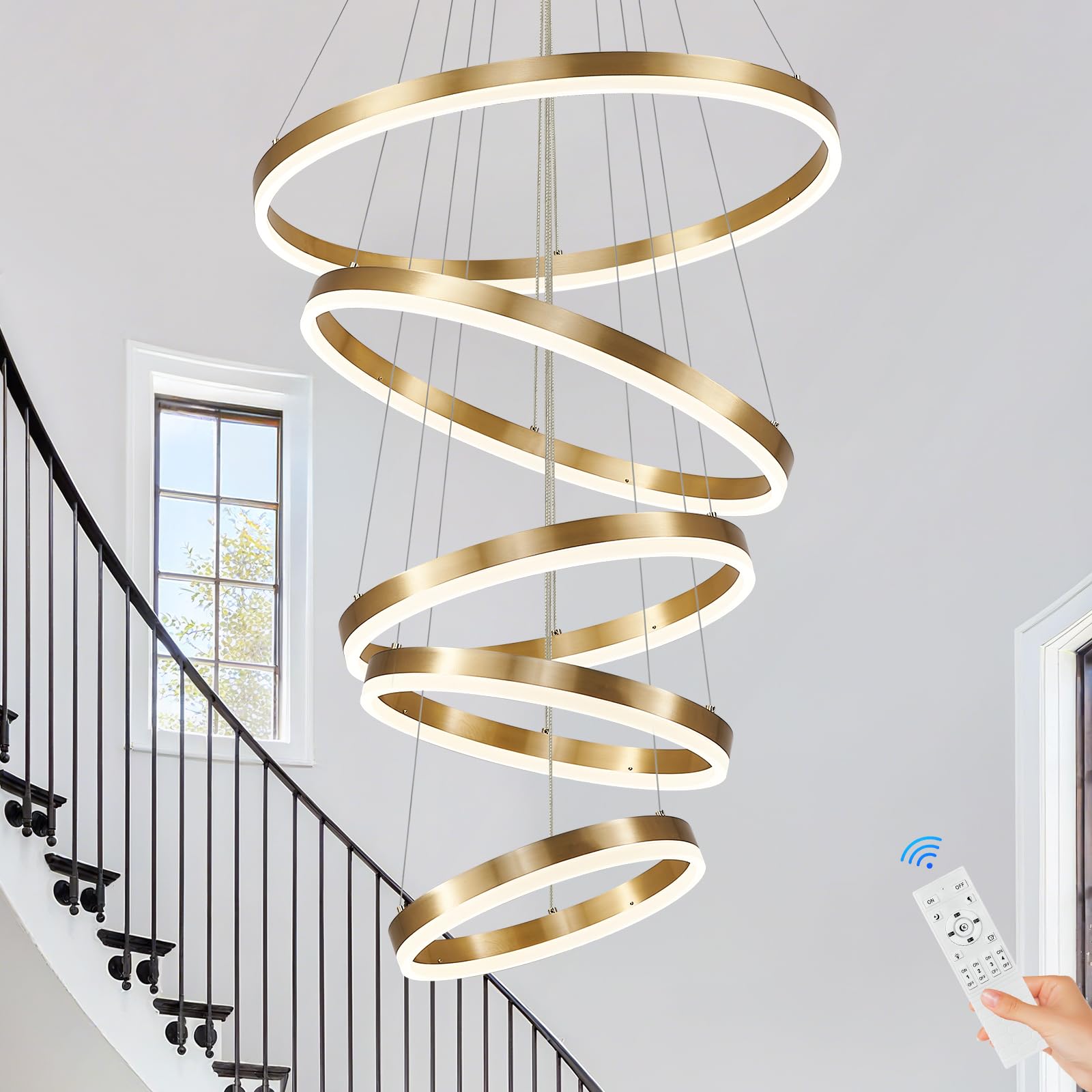 Sparklelf Modern LED Chandelier - Dimmable Gold 5-Rings 23.6in, Remote Control, 3000K-6500K, for Foyer, Dining Room,