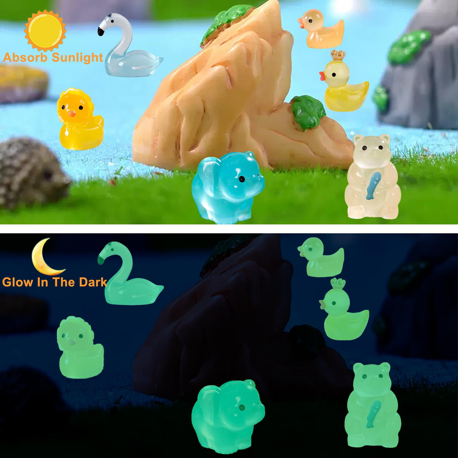 AllGemDiy Mini Resin Animals - 100 Pcs Glow in The Dark Figurines, Mixed Colors for Fairy Gardens and Outdoor Decor