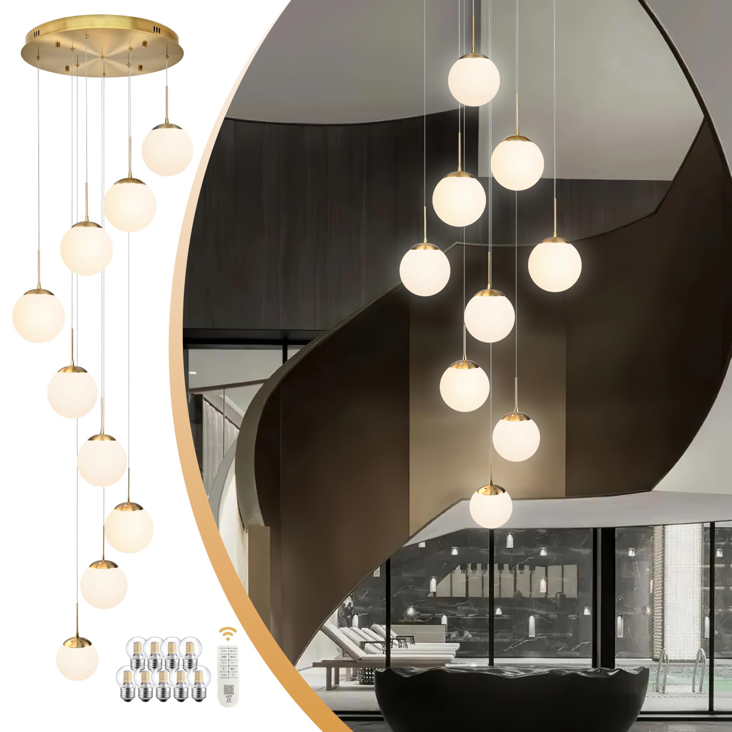 Koko&Yukina 9-Light Globe Milky White Glass Pendant Light Adjustable Length Pendant Lights Modern Glass Globe Pendant Lights Gol