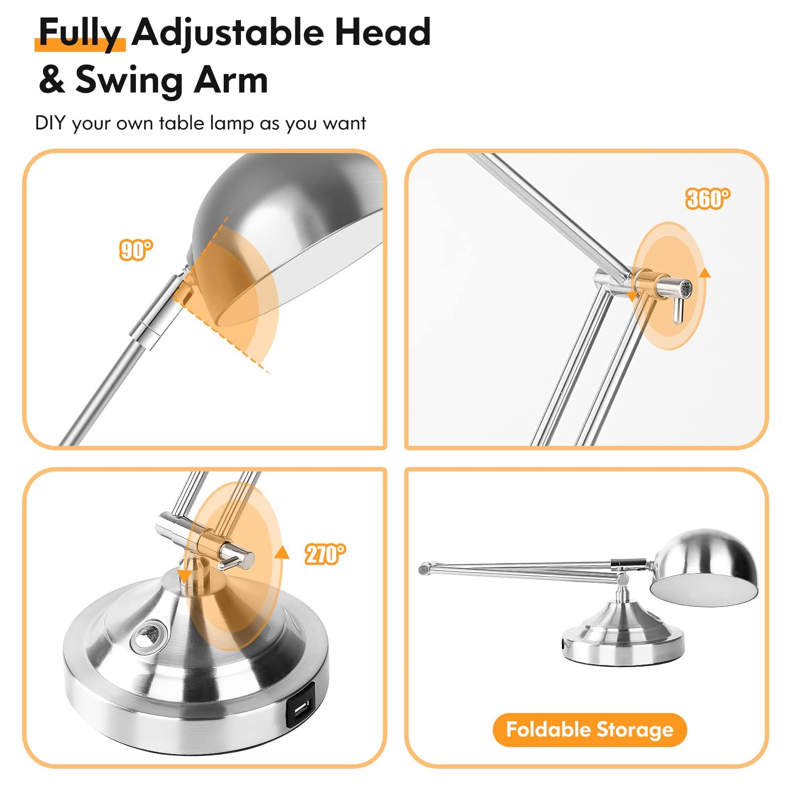 TOBUSA Silver Dimmable Desk Lamp with USB Port, Touch Control, 3 Color Modes, Adjustable Swing Arm, Model T0345-ST