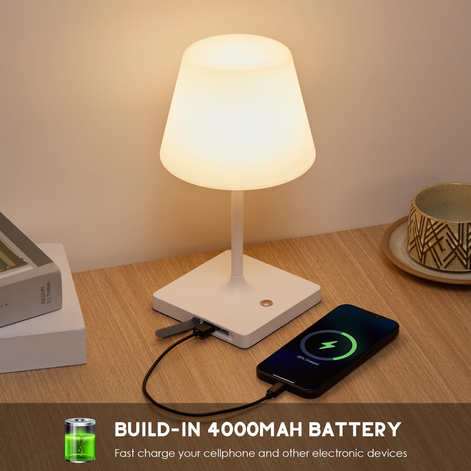 Portables Cordless Table Lamp, Outdoor Battery Operated Desk Lamp Waterproof, Built-In Rechargeable Battery, Touch Dimmable Night Light For Patio Camping Restaurant Home, White