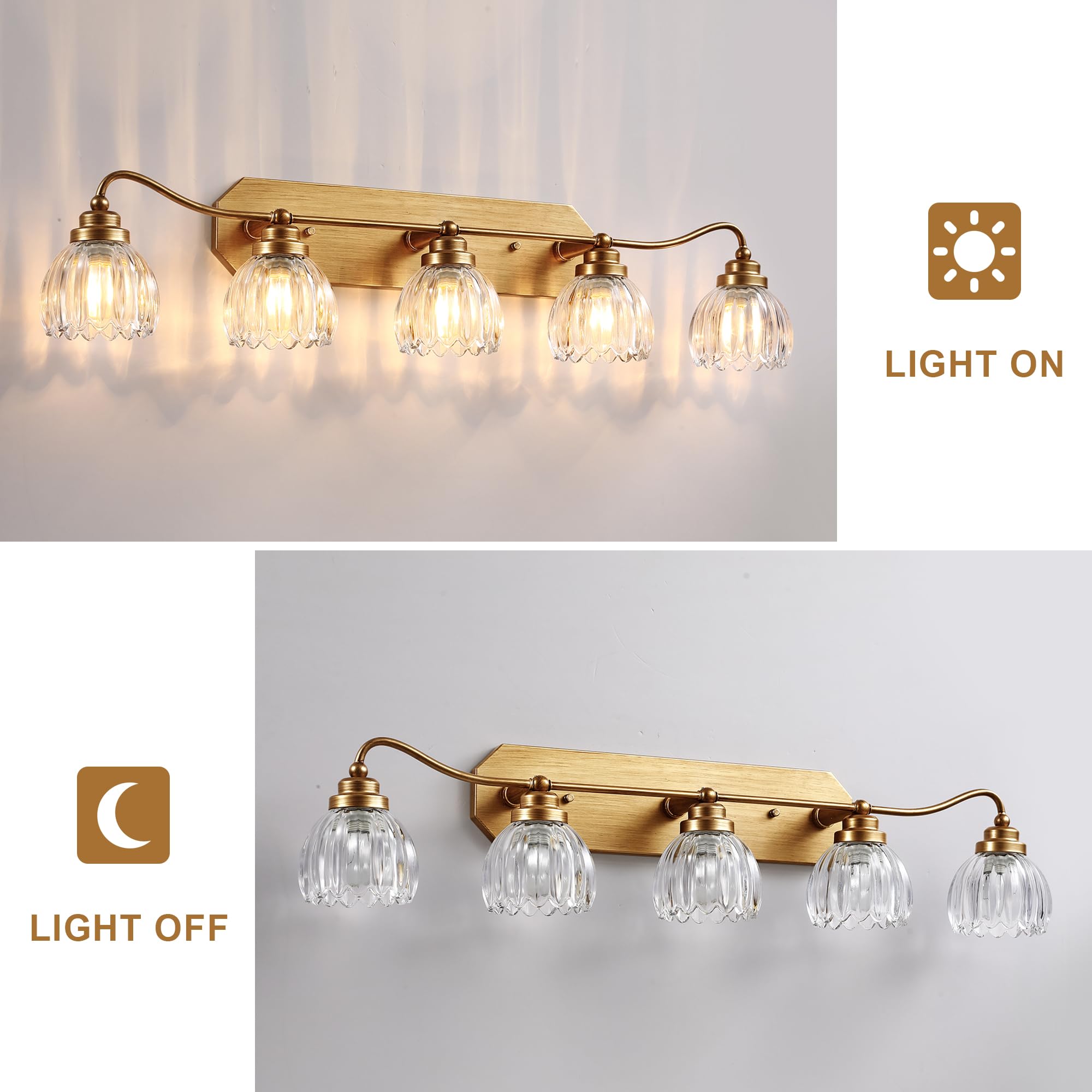 CmnVmn Vintage Bathroom Light Fixtures, 5-Light Gold Vanity Light with Crystal Glass Shade, Matte Antique Brass Finish, Model C5016
