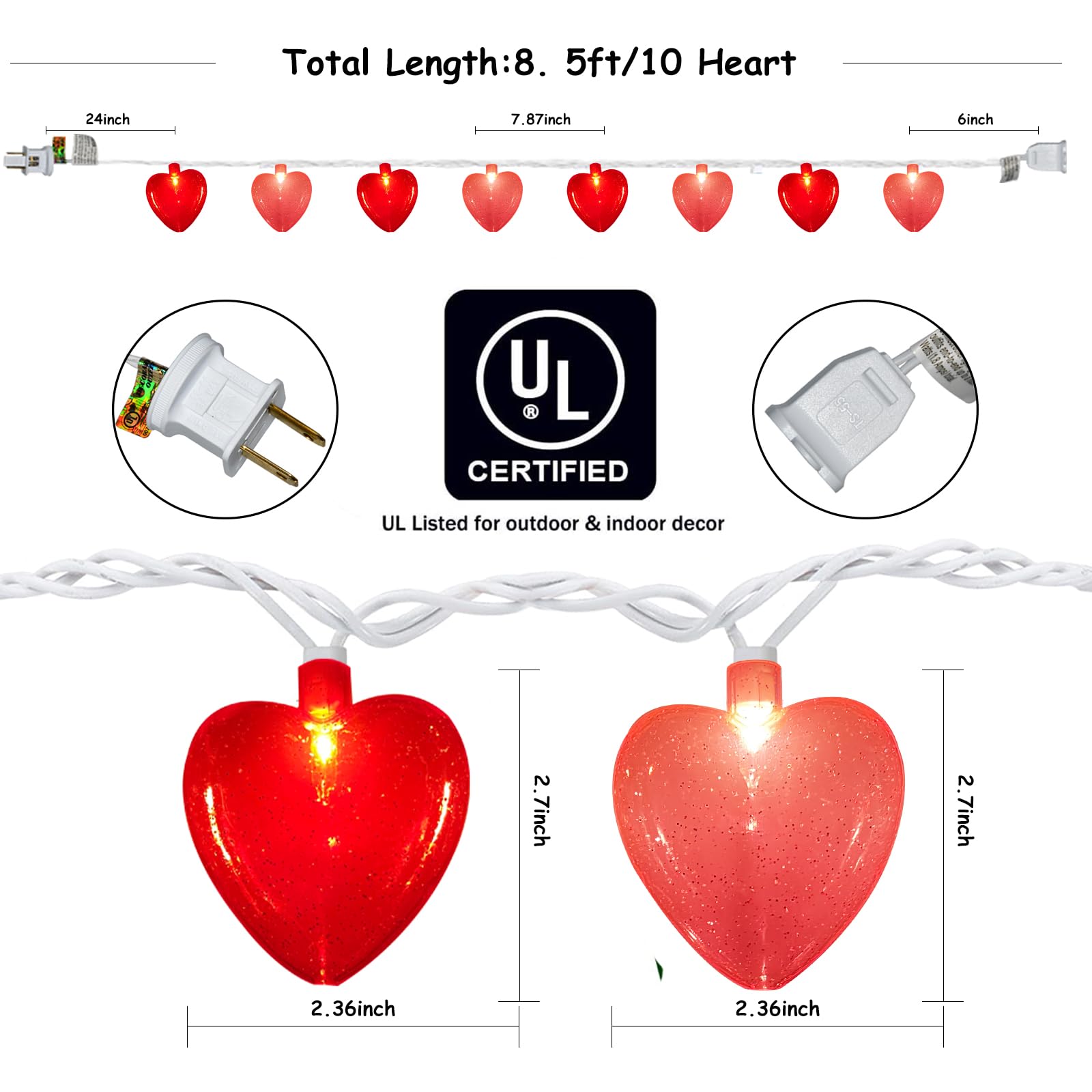 Abeja Heart String Lights, 8.5Ft Valentine'S Day Heart String Lights With 10 Red/Pink Hearts, Romantic Love Heart Lights For Valentine'S Day, Mother'S Day, Party Decor, Wedding, Holiday Decorations