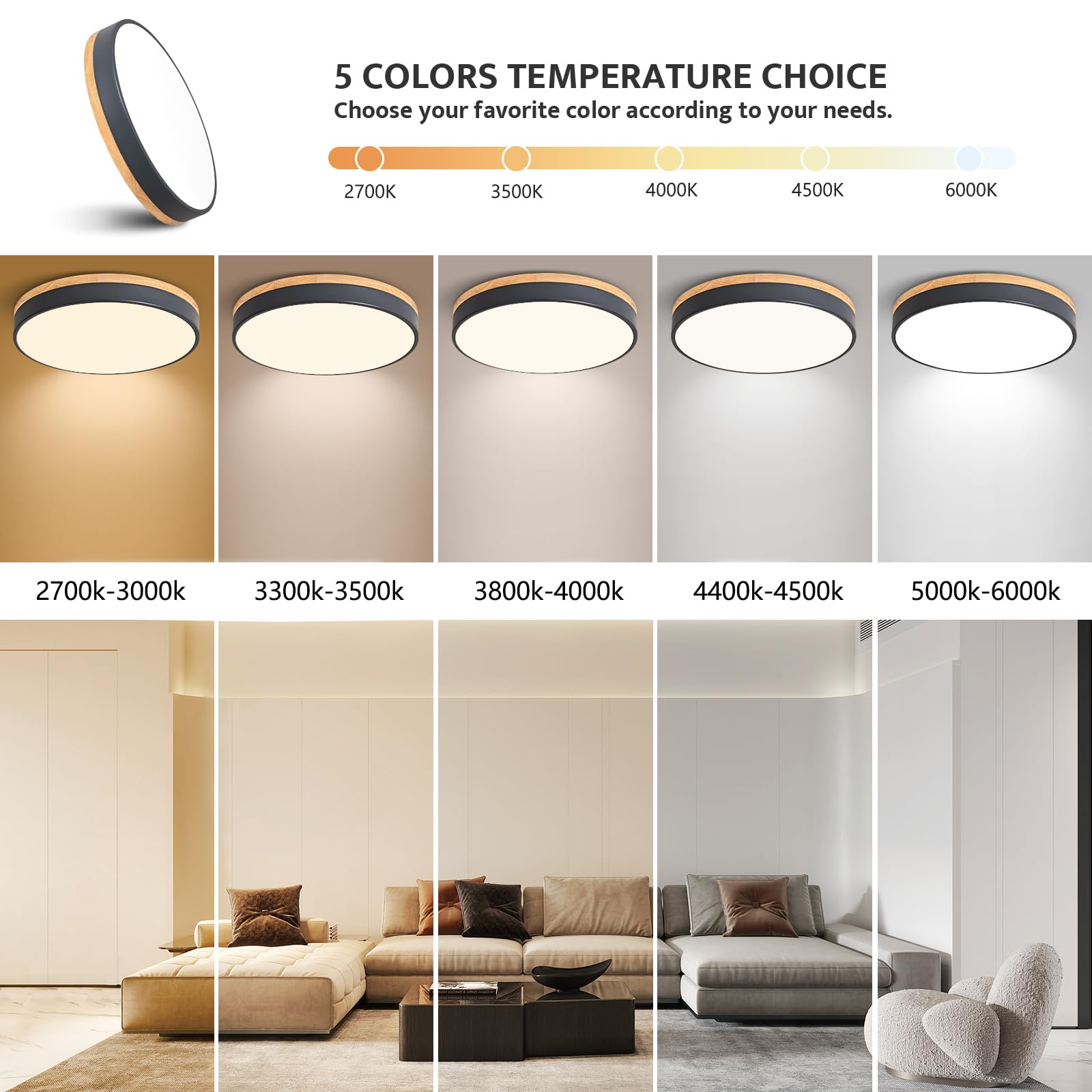 Goomavi Dimmable Wood Led Close To Ceiling Light, Modern 2700K-6000K 5Cct Round Grey Flush Mount Ceiling Light Fixtures, Minimalist Ceiling Lamp For Living Room, Dining Room, Bedroom, Kitchen-15.8In