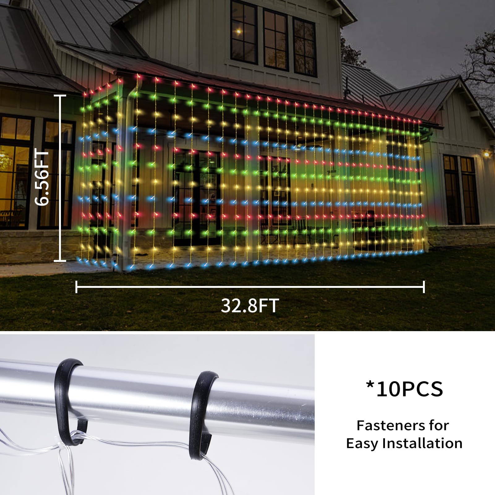 32.8 * 6.56FT Large Size Solar Curtain Lights Outdoor, 8 Modes Outdoor Solar String Icicle Lights, Solar Garden Christmas Lights