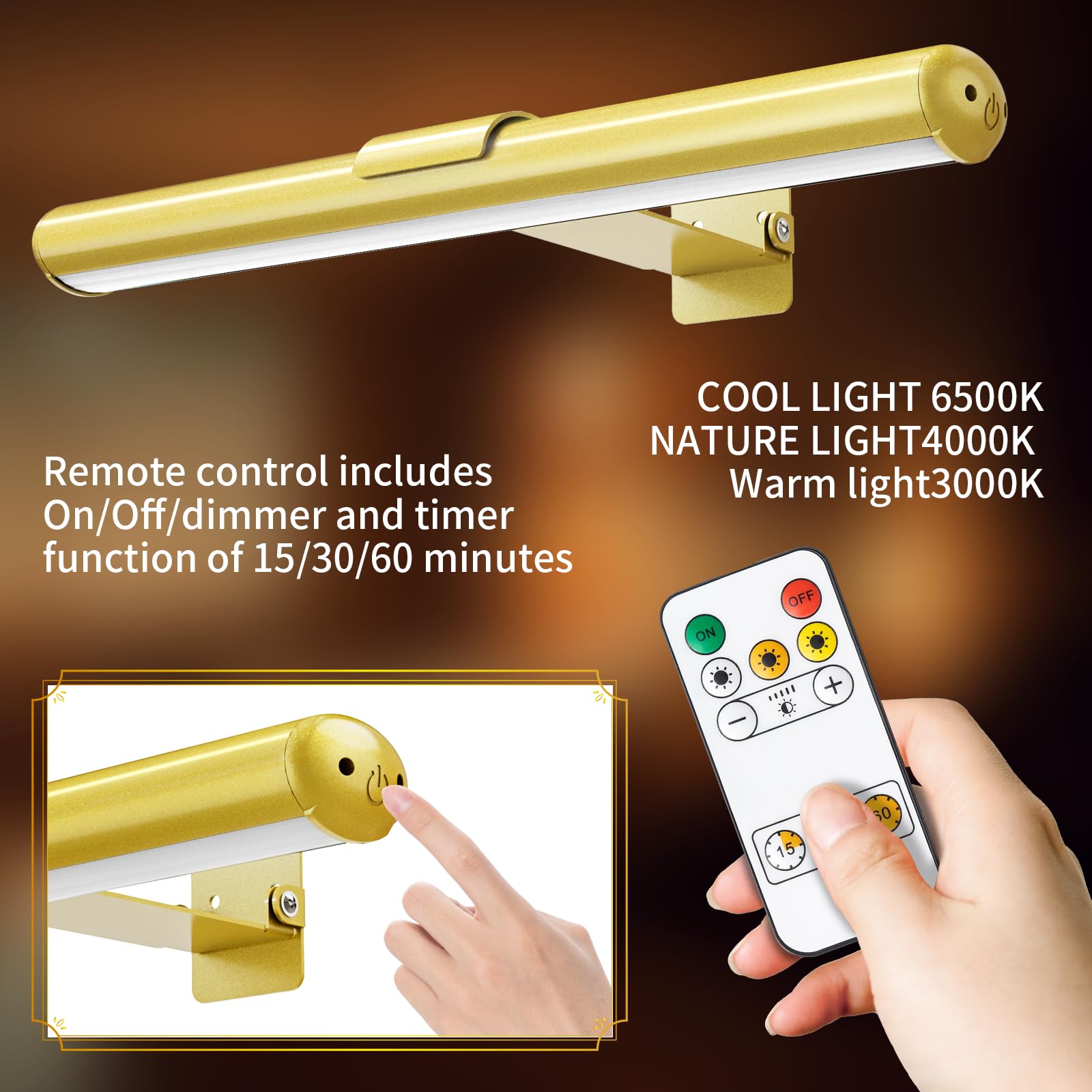 Swatia Wireless Picture Light, 16 In Picture Lights For Wall, Dimmable 5200Mah Recharging Battery Picture Light With Remote Cont