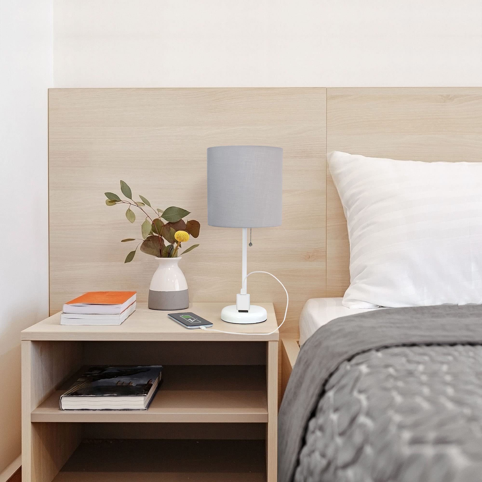 Creekwood Home 19.5&quot; White Metal Table Lamp With Gray Drum Shade, Contemporary Design