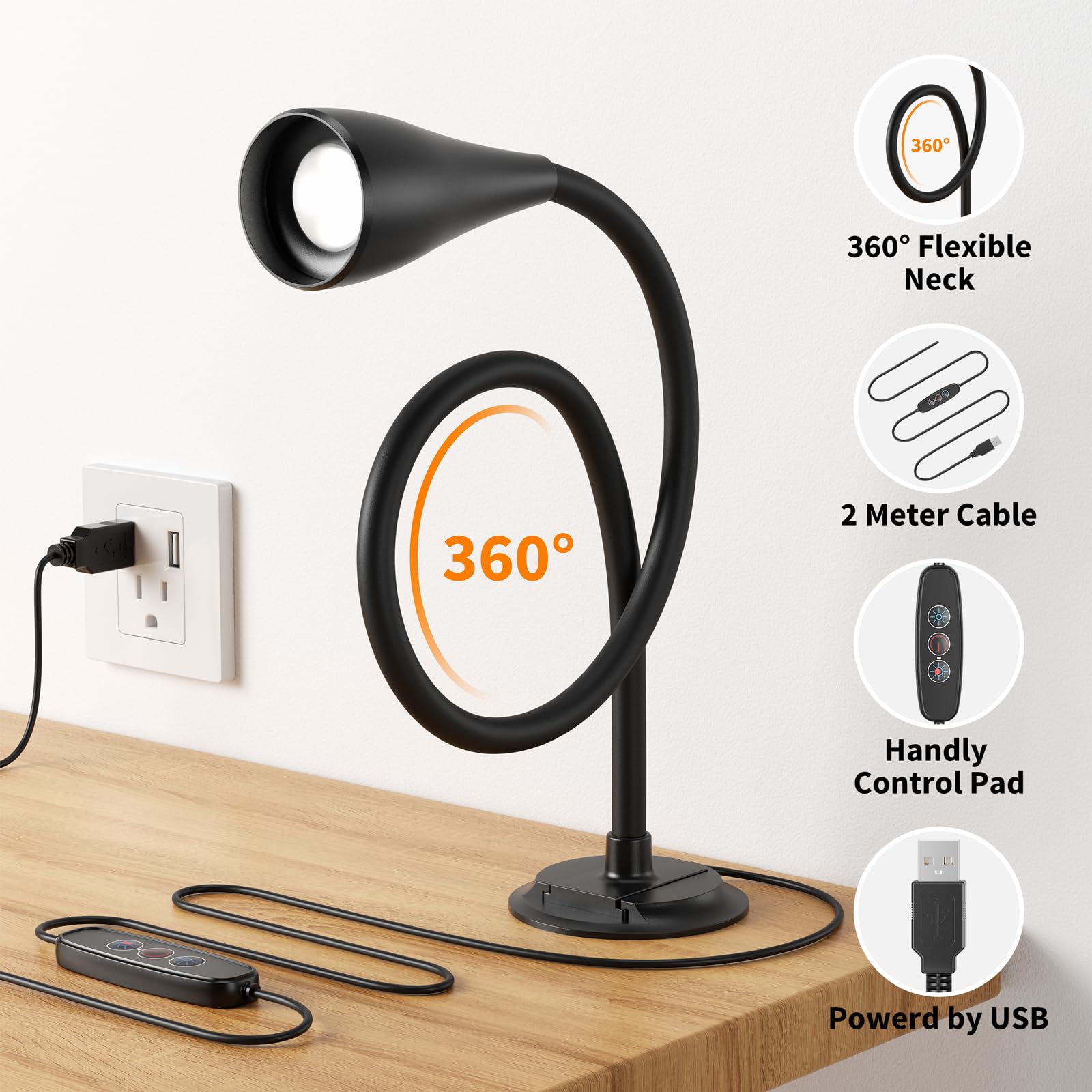 Kaulsoue Book Light for Reading, Dimmable LED, 5 Brightness Levels, Flexible Gooseneck, 2 Pack, Black