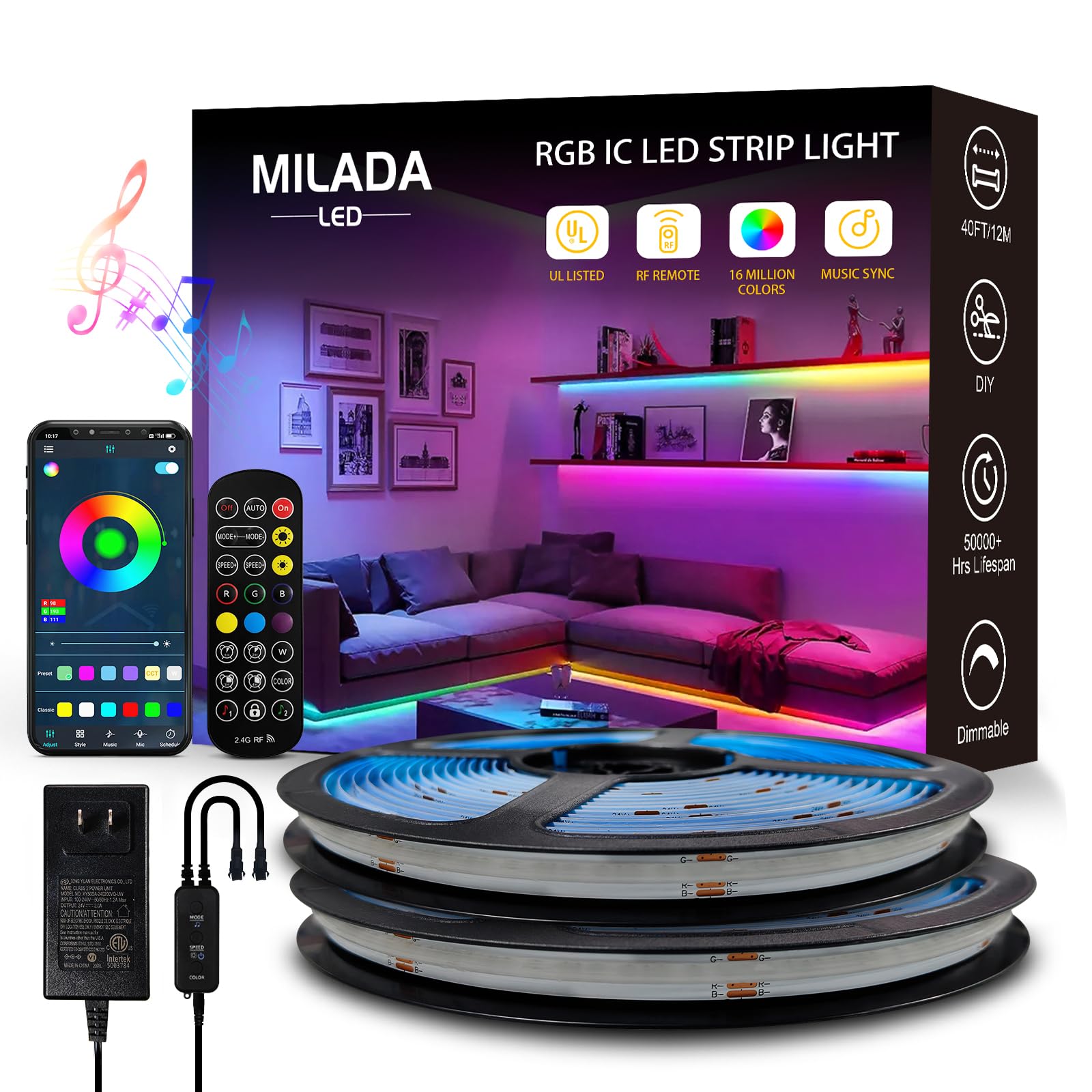 MILADALED COB RGB Smart IC Band Lights 40FT UL-Listed 24V Color Flowing Band Light Multicolor Flexible Tape Lights with APP Control Music Sync for Bedroom Gaming Party Home Decor 2?20FT Rolls